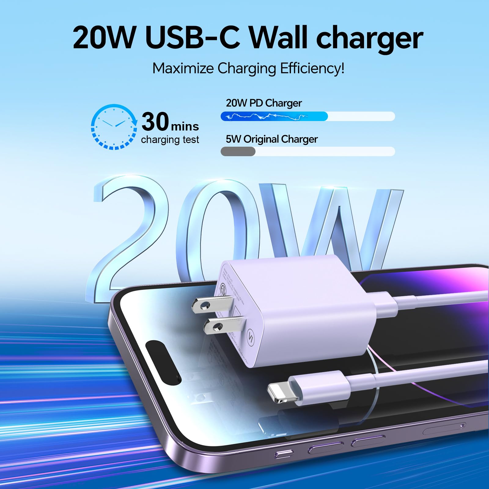 20W USB C Fast Charger 2-Pack with 6FT/10FT Cable - Compatible with iPhone 14/13/12/11 Pro/Max/Plus/XS/XR/X/SE/8 & iPad - Purple Wall Charger for Home, Office & Travel