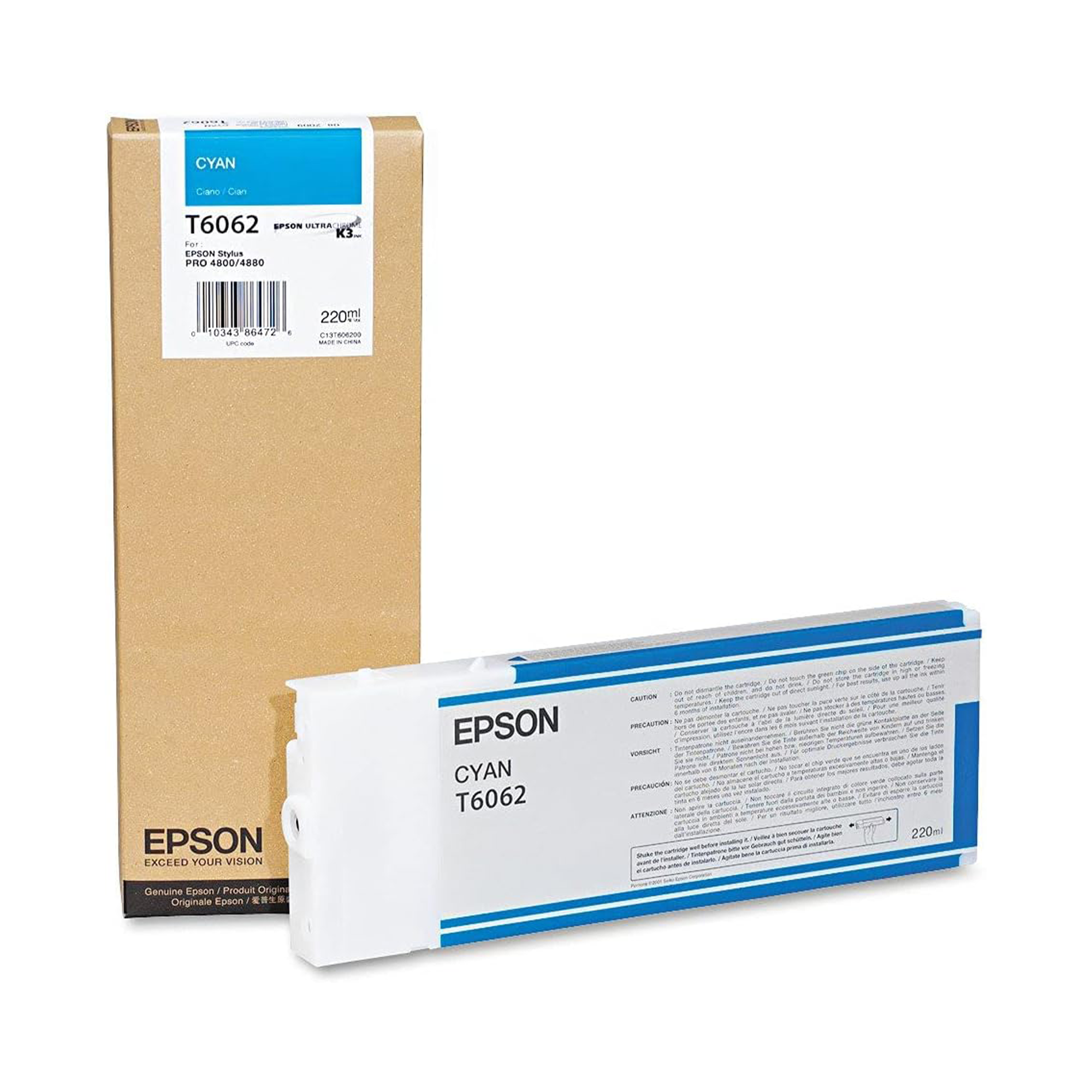 Epson T606200 UltraChrome K3 Cyan Ink Cartridge 220mL - Compatible with Stylus Pro 4880 Printer | High-Quality Photo Printing for Professional Photography & Fine Art Reproduction