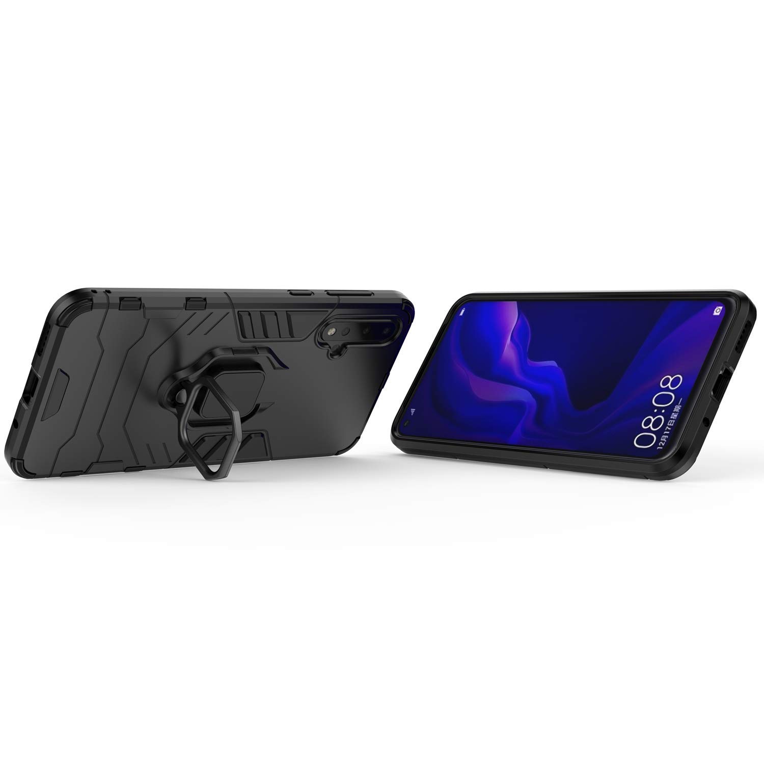LuluMain Huawei Nova 5/Nova 5 Pro Case with Metal Ring & Kickstand - Shockproof Hard Bumper Phone Cover Compatible with Magnetic Car Mount - Dual Layer Rugged Protection (Black) - Perfect for Work, Travel & Outdoor Activities
