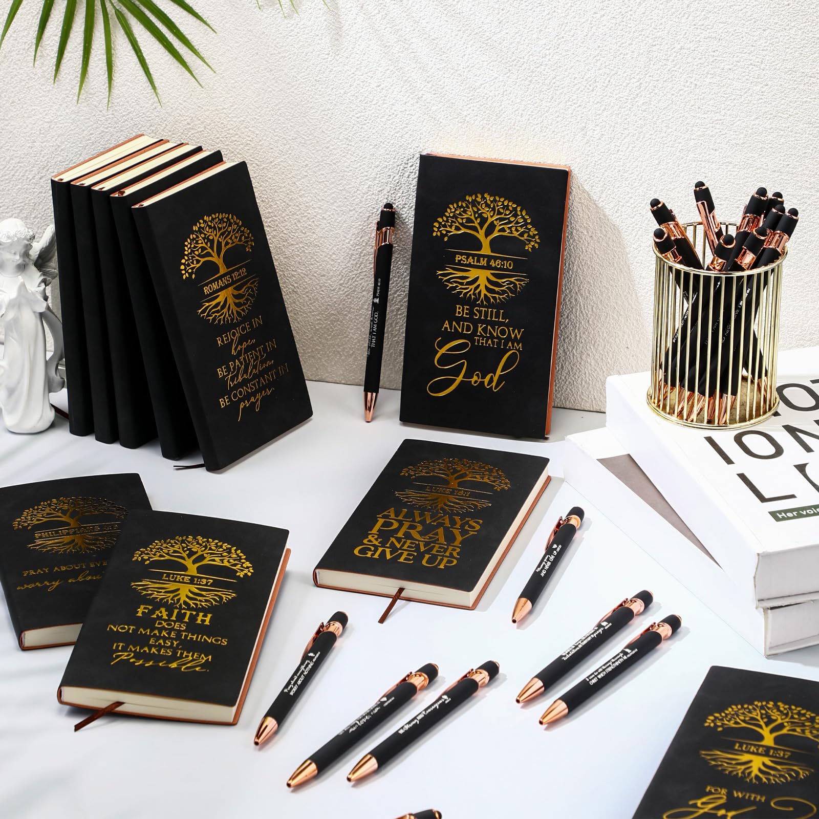 40 Pack Christian Gifts for Women - Bulk Religious Notebooks & Tree of Life Bible Verse Notepads with Motivational Pens, Leather Prayer Journal - Perfect for Pastor's Wife Appreciation, Church Events, Bible Study & Mother's Day Gifts (Black)