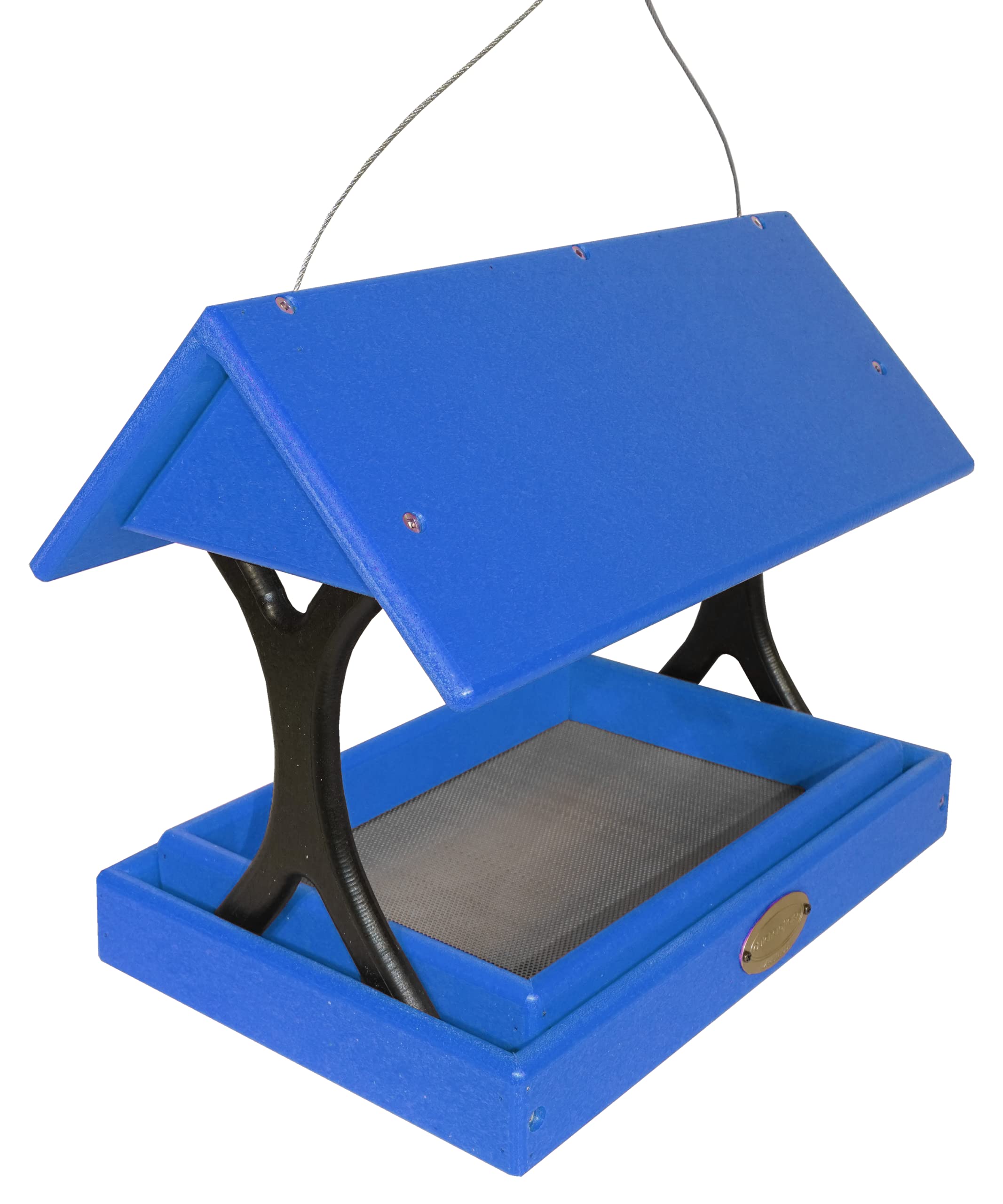 Amish-Made Poly Plastic Fly-Through Bird Feeder with Removable Tray - Covered Mesh Design for Wild Birds (Bright Blue & Black) | Perfect for Backyard, Garden & Outdoor Bird Watching