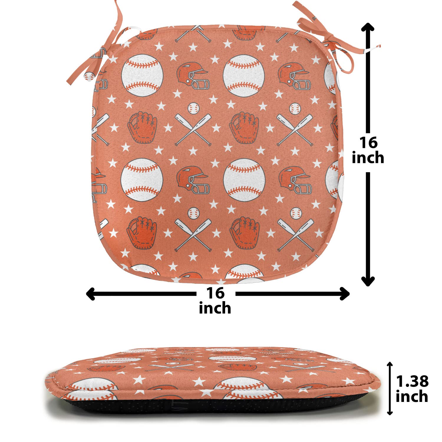 Lunarable Baseball Chair Cushion Set of 12 - Softball Game Seat Pads with Balls, Gloves & Bats Design - Anti-Slip Kitchen & Patio Seat Cushions 16
