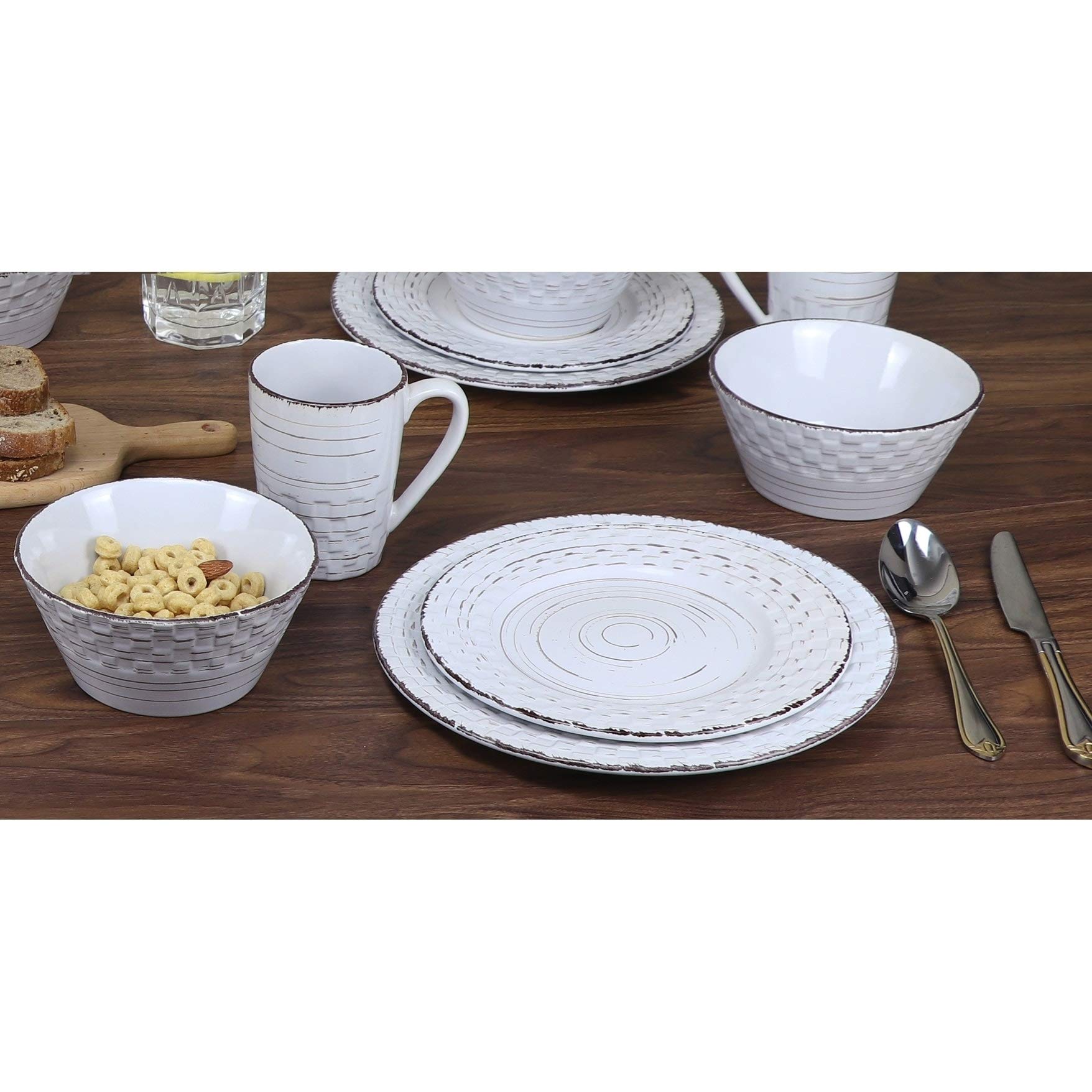 16-Piece Distressed Weave Dinnerware Set - White Farmhouse Stoneware Plates & Bowls | Microwave & Dishwasher Safe | Rustic Tableware for Casual Dining, Entertaining & Everyday Use