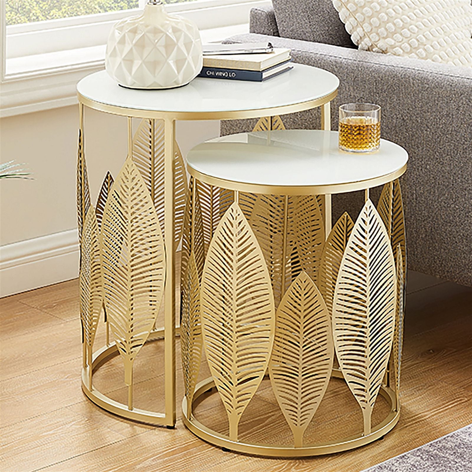 Criterion Gold Metal Frame White Glass Top Leaf Nested Set Coffee Tables 520mm - Perfect for Living Room, Office & Modern Home Decor