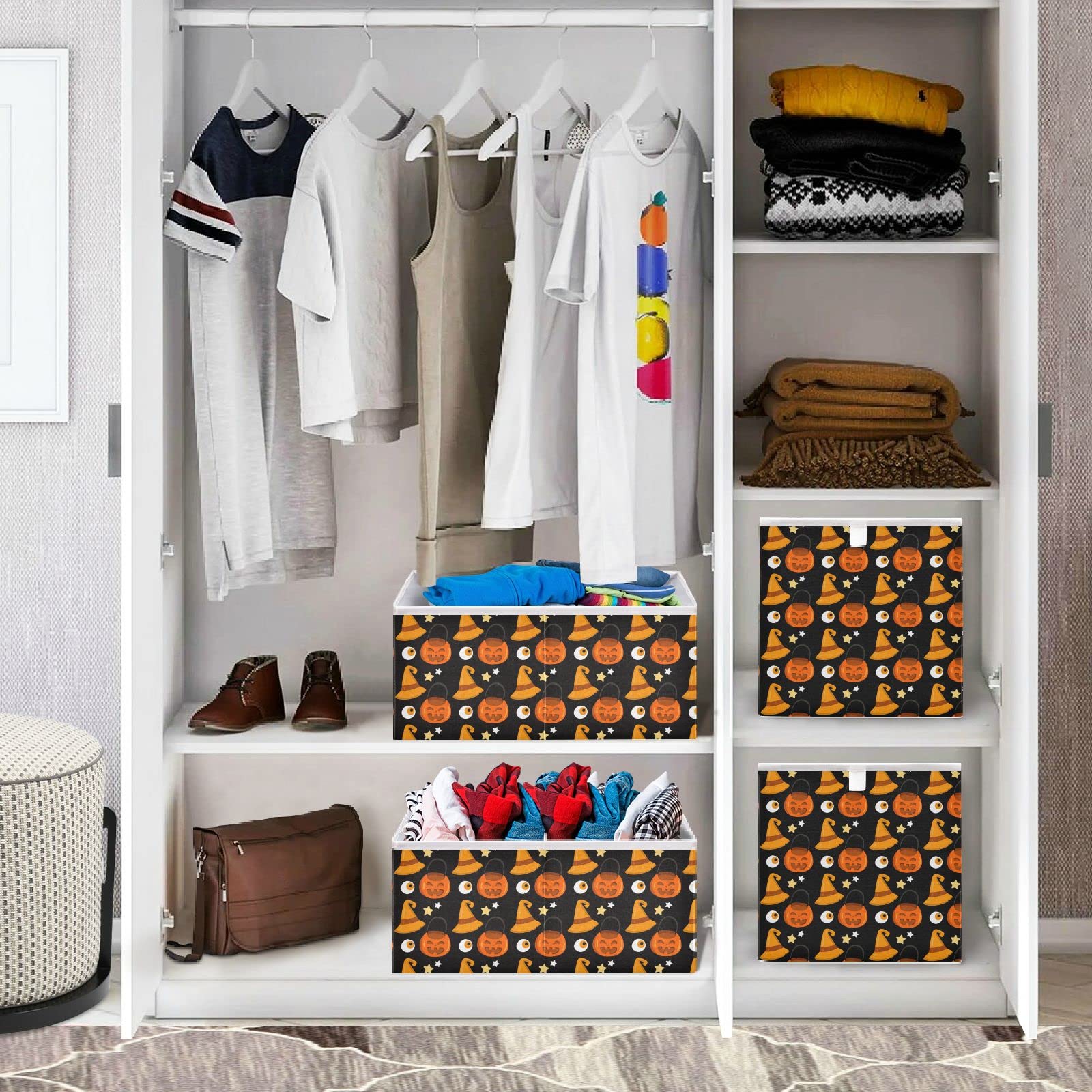 Foldable Collapsible Halloween Pumpkin Storage Baskets - 16 x 11 Inch Fabric Storage Bins for Shelves, Pantry, Closet & Nursery Organization | Perfect for Toys, Home Decor & Seasonal Storage