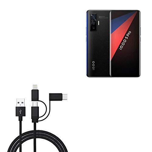 BoxWave AllCharge 3-in-1 Fast Charging Cable for vivo iQOO 5 Pro - USB C to USB A & Micro USB - Durable Nylon Braided Jet Black Charger Cord - Perfect for Home, Office & Travel Charging