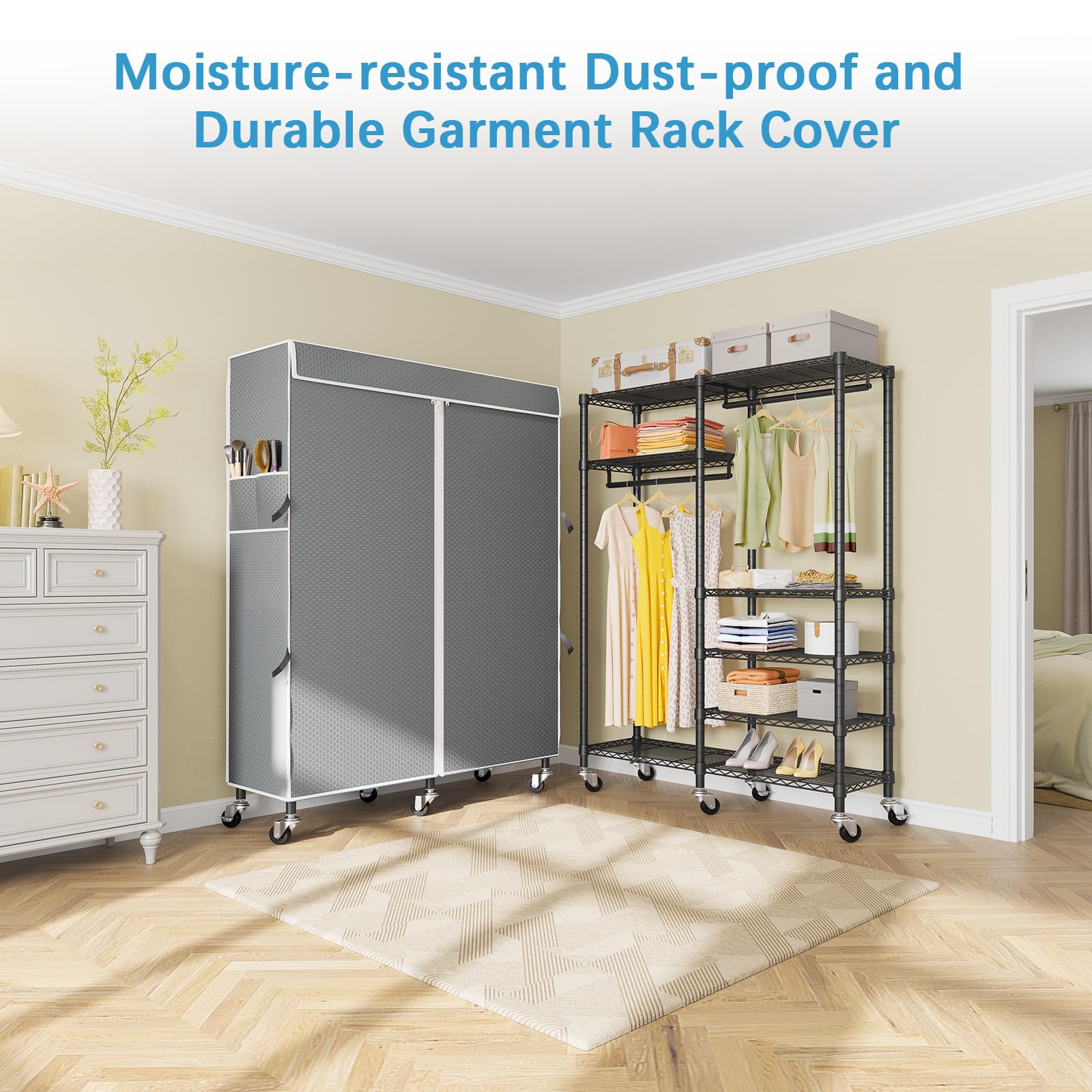 VIPEK R4C 6-Tier Adjustable Heavy Duty Rolling Garment Rack with Lockable Wheels - Black Metal Clothing Rack with Grey Polyester Cover (620lbs Capacity) - Perfect for Retail Stores, Boutiques, Closet Organization & Laundry Room Storage