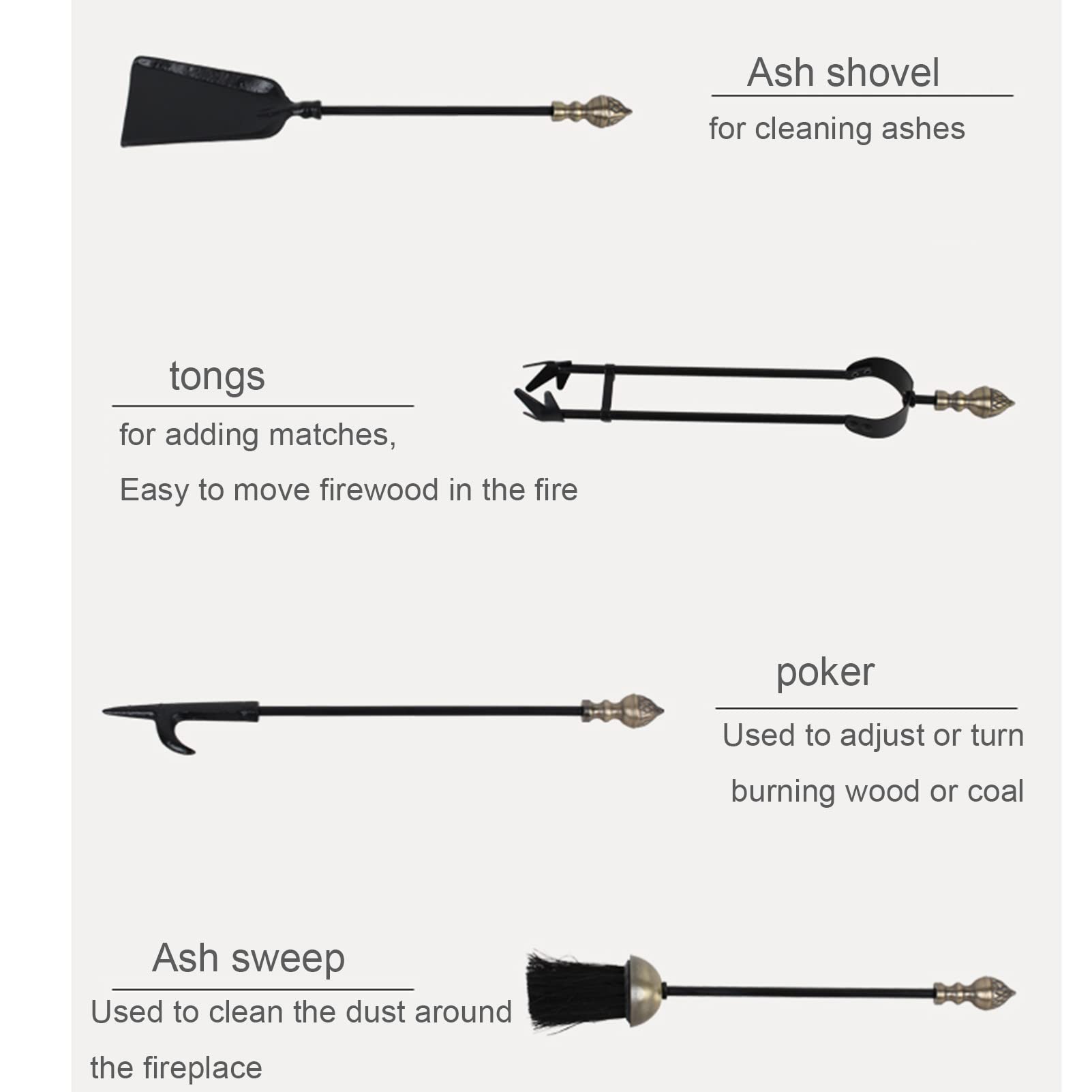 Wrought Iron Fireplace Tool Set - 5-Piece Indoor & Outdoor Use for Home