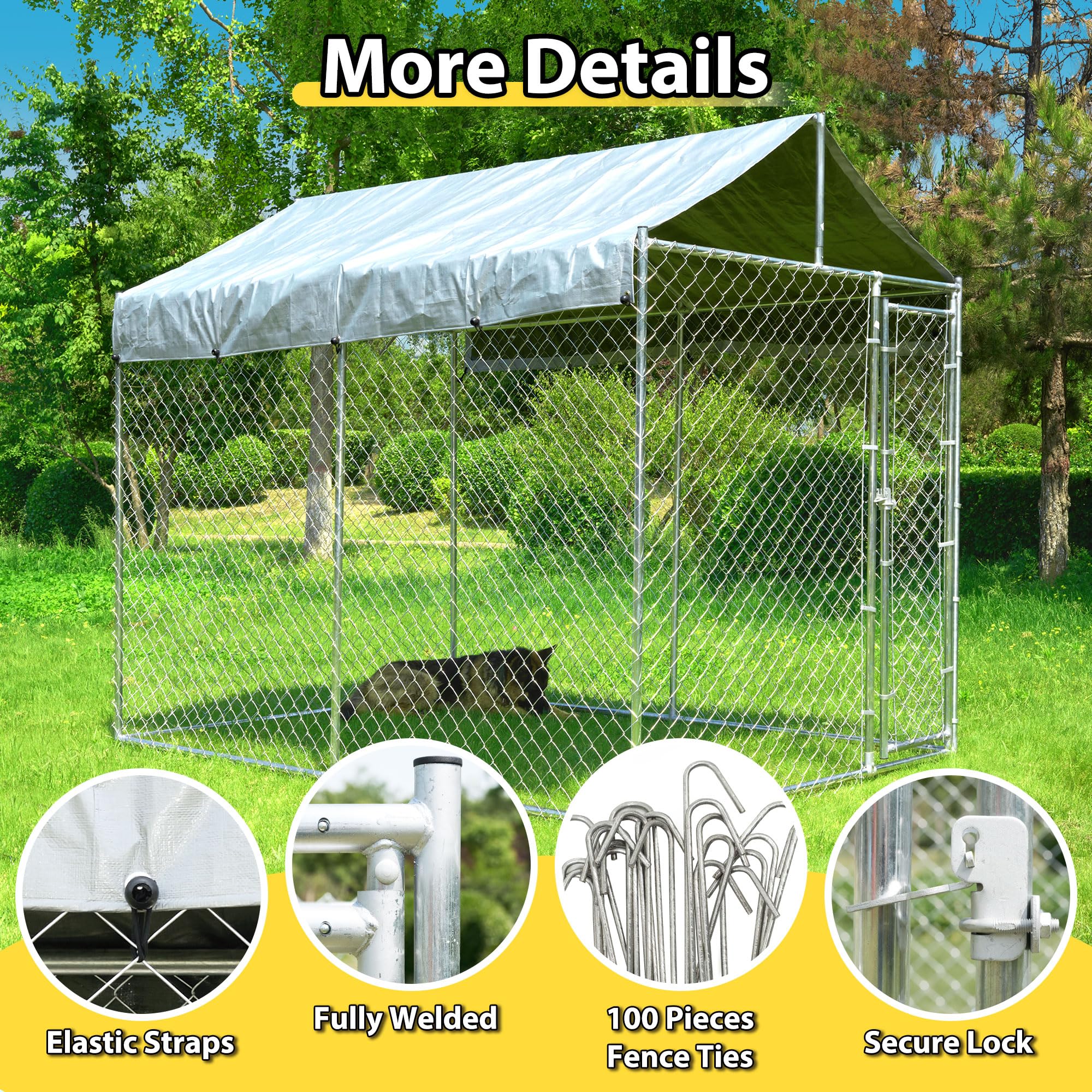 10'x6'x7.65' Heavy Duty Chain Link Metal Dog Kennel - Large Outdoor Dog Playpen with Lockable Door & Waterproof Canopy | Durable Exercise Pen for Medium & Large Dogs | Perfect for Backyard, Camping & Dog Training