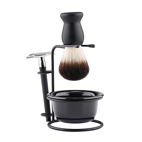 Premium 4-in-1 Men's Shaving Kit - Synthetic Shaving Brush, Alloy Stand, Soap Bowl & Razor Holder - Perfect Gift Set for Husband, Father, Boyfriend - Ideal for Wet Shaving & Beard Care Routine at Home
