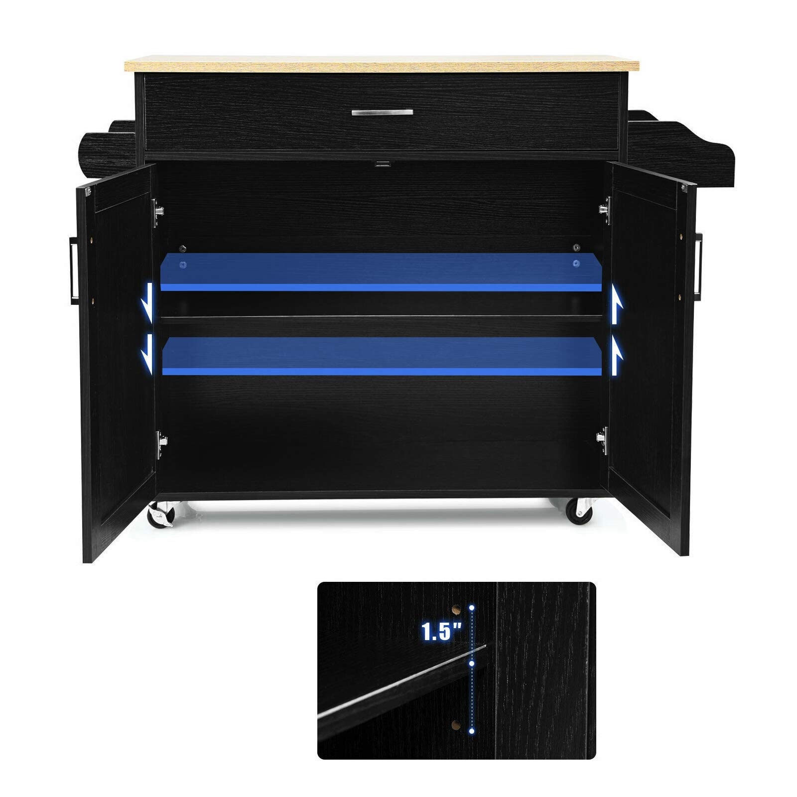 Black Rolling Kitchen Island Cart with Spice Rack - 1 Drawer & Cabinet Storage, Spacious Countertop for Dinnerware & Wine Glass Organizer - Perfect for Small Kitchens, Entertaining & Food Prep
