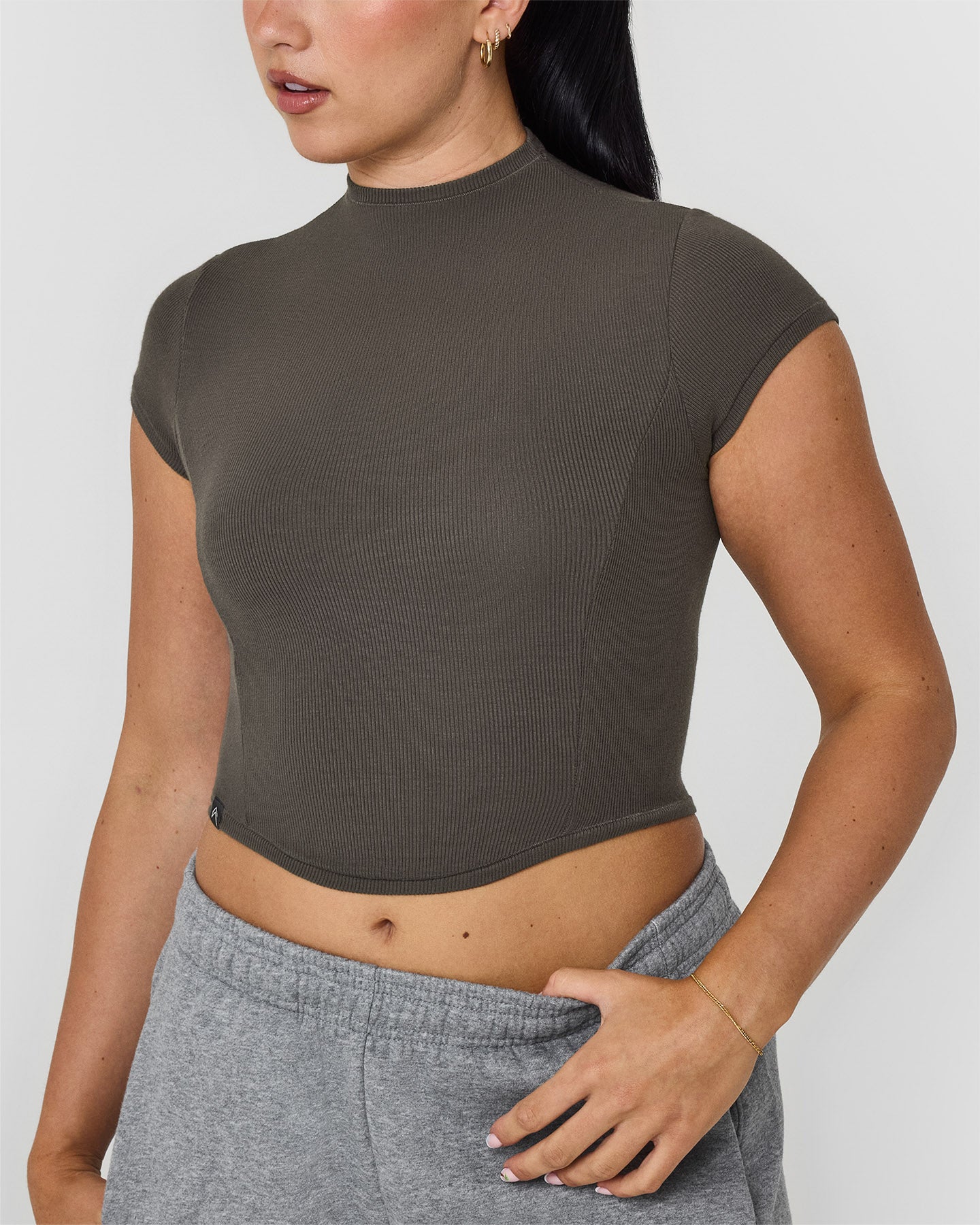 Mellow™ Rib Mid Mock Neck T-Shirt for Women - Soft Stretch Comfort Fit Casual Tee in Deep Taupe | Perfect for Everyday Wear, Layering & Office Outfits