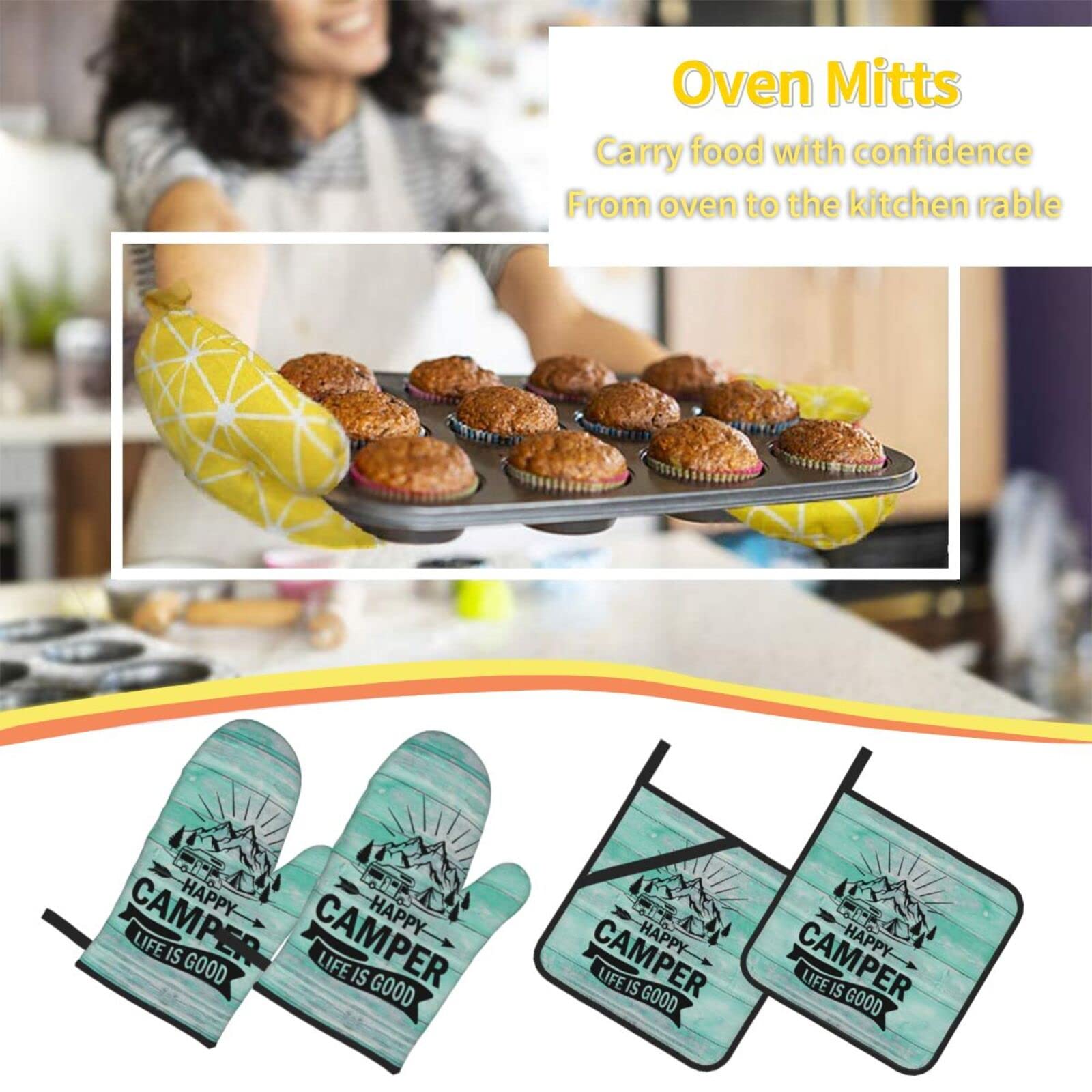 Happy Camper Oven Mitts and Pot Holders Set of 4 - Heat Resistant Kitchen Gloves with Non-Slip Polyester for Cooking, Baking, Grilling & BBQ - Perfect for Home Kitchen, Outdoor Camping & Picnics