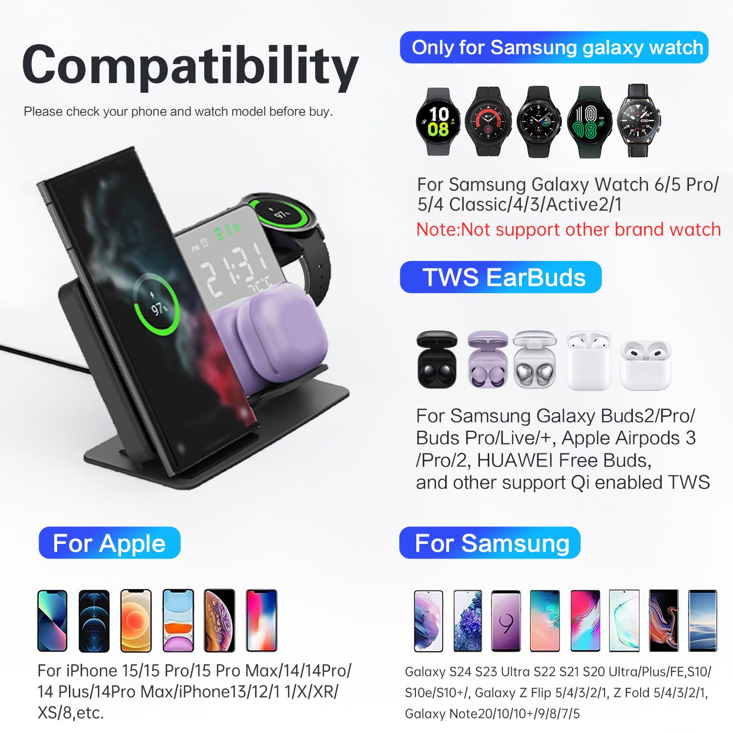 3-in-1 Wireless Charging Station for Samsung Galaxy Watch 6/5/5Pro & Galaxy S24/S23/A15/A55 Phones & Galaxy Buds - Fast Charging Stand with Digital Alarm Clock - Perfect for Bedside, Office Desk & Travel