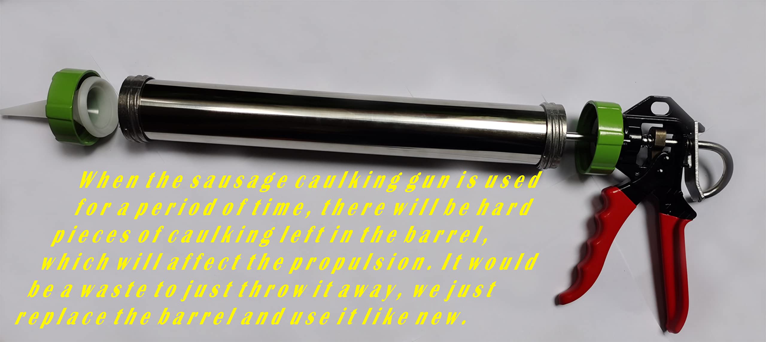 Stainless Steel Manual Sausage Caulking Gun with Replaceable Tube - 20 oz Capacity, 12:1 Drive Ratio - Perfect for Sealant, Adhesive & Construction Projects
