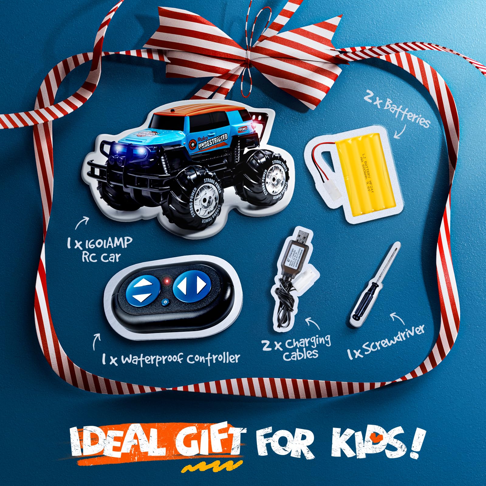Ruko 1601AMP 1:10 Scale Amphibious RC Monster Truck - Waterproof 4x4 Off-Road Remote Control Car with 2 Rechargeable Batteries - All Terrain Vehicle for Boys & Kids - Perfect for Beach, Pool, Snow & Outdoor Adventures