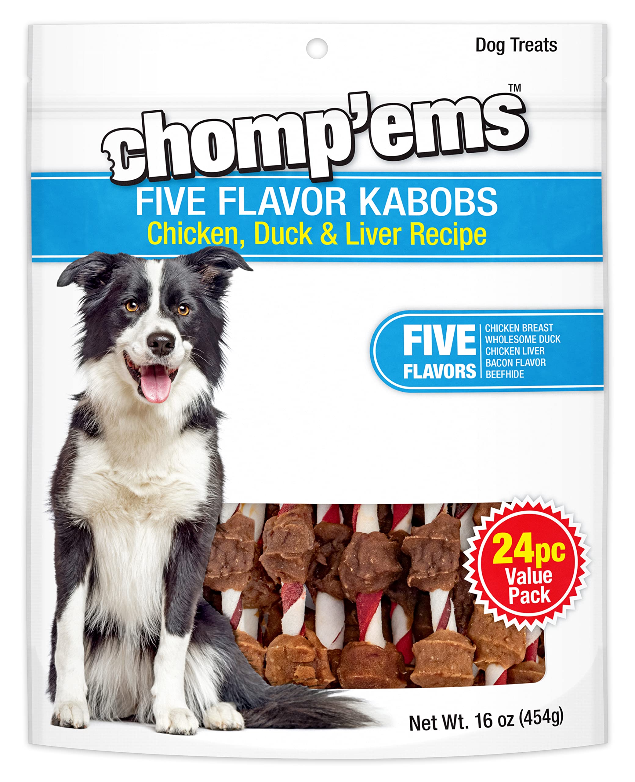 CHOMP 'EMS Five Flavor Kabobs Dog Treats - Beefhide Chewsticks for Dogs - High Protein Dental Chews, 24 Count - Perfect for Training, Teething Puppies & Aggressive Chewers