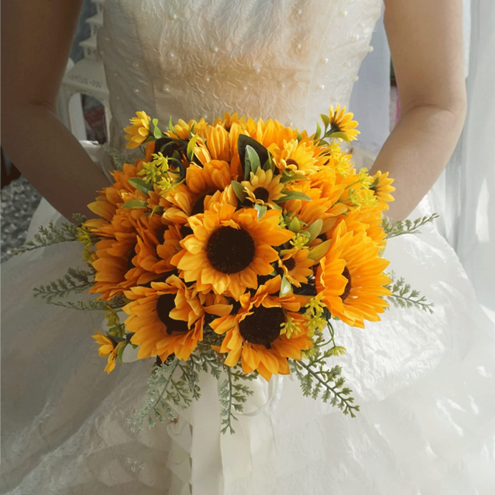 Feijia Artificial Sunflower Wedding Bouquet - Romantic Handmade Sunflower Bridal Bouquet for Bridesmaids, Wedding Ceremony, Church, Party & Dance Decorations - Perfect for Wedding Celebrations, Bridal Showers & Special Events
