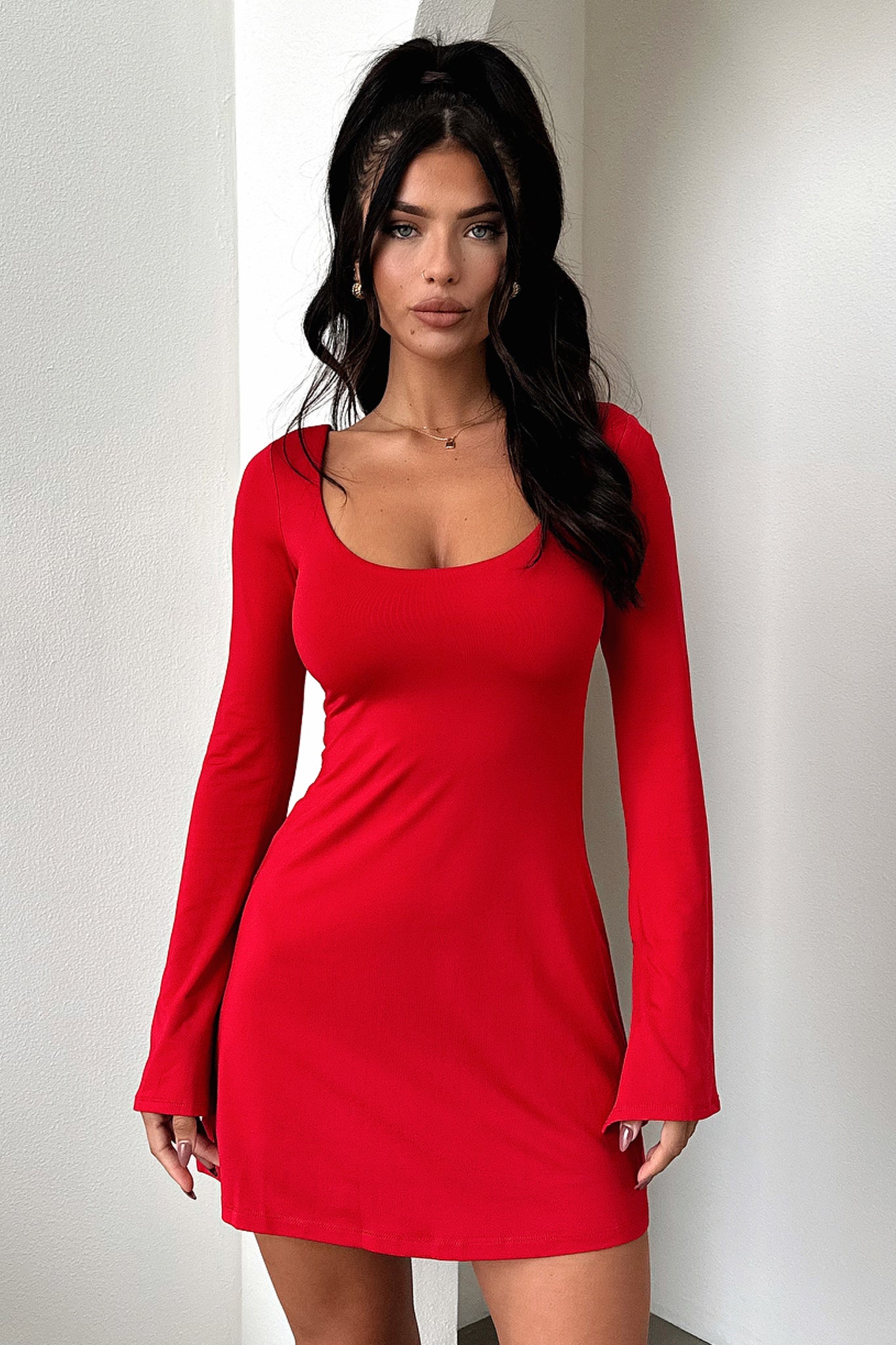 Marcia Long Sleeve Dress - Women's Elegant Red Party Dress for Evening Events, Date Nights & Special Occasions