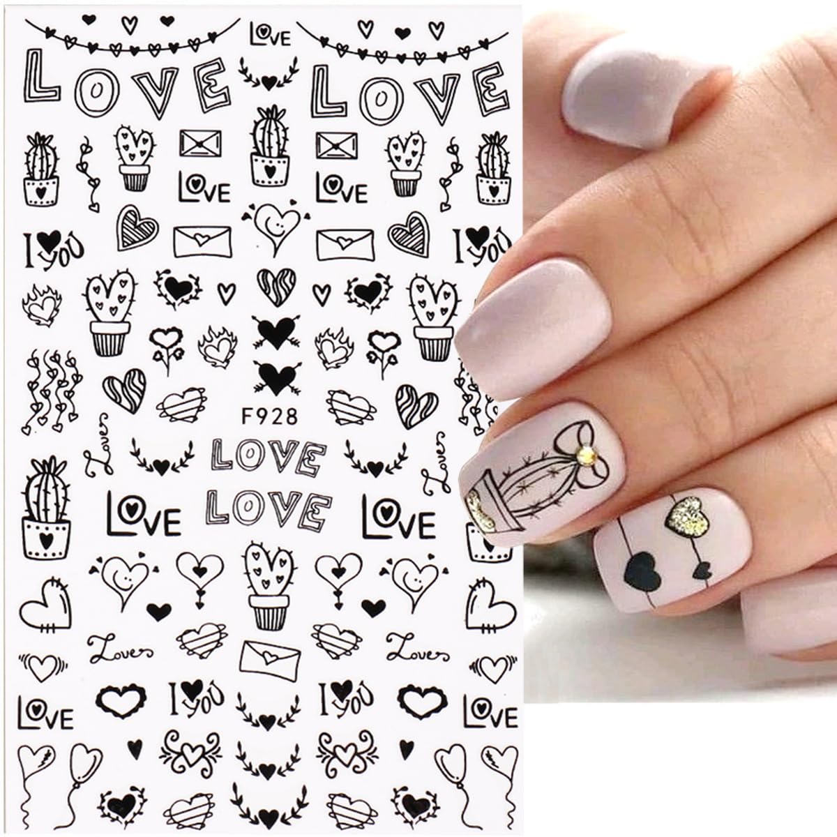 Valentine's Day Nail Art Stickers - 3D Heart Nail Decals for Women, 8PCS Self-Adhesive Love Letter Design French Manicure Tips, DIY Nail Decorations for Valentine's Gifts & Party Nail Art