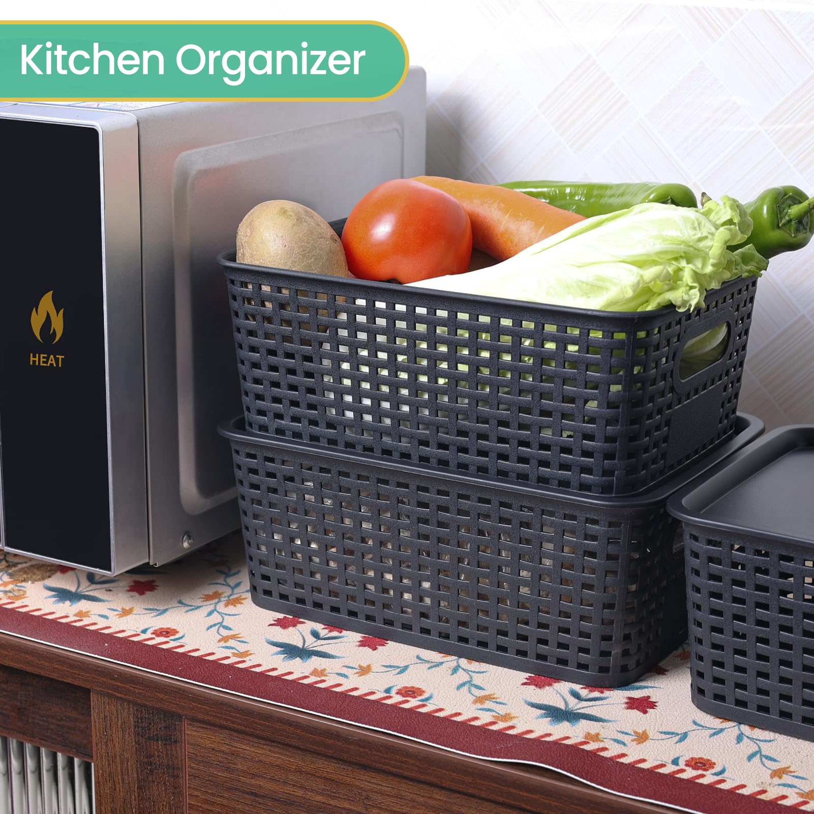 Stackable Plastic Storage Baskets with Lids - 8-Pack Black Organizing Bins (10.2x7.2x4.1 Inch) for Shelves, Drawers, Closet, Office, Classroom & Playroom - Perfect for Home Organization & Space Saving