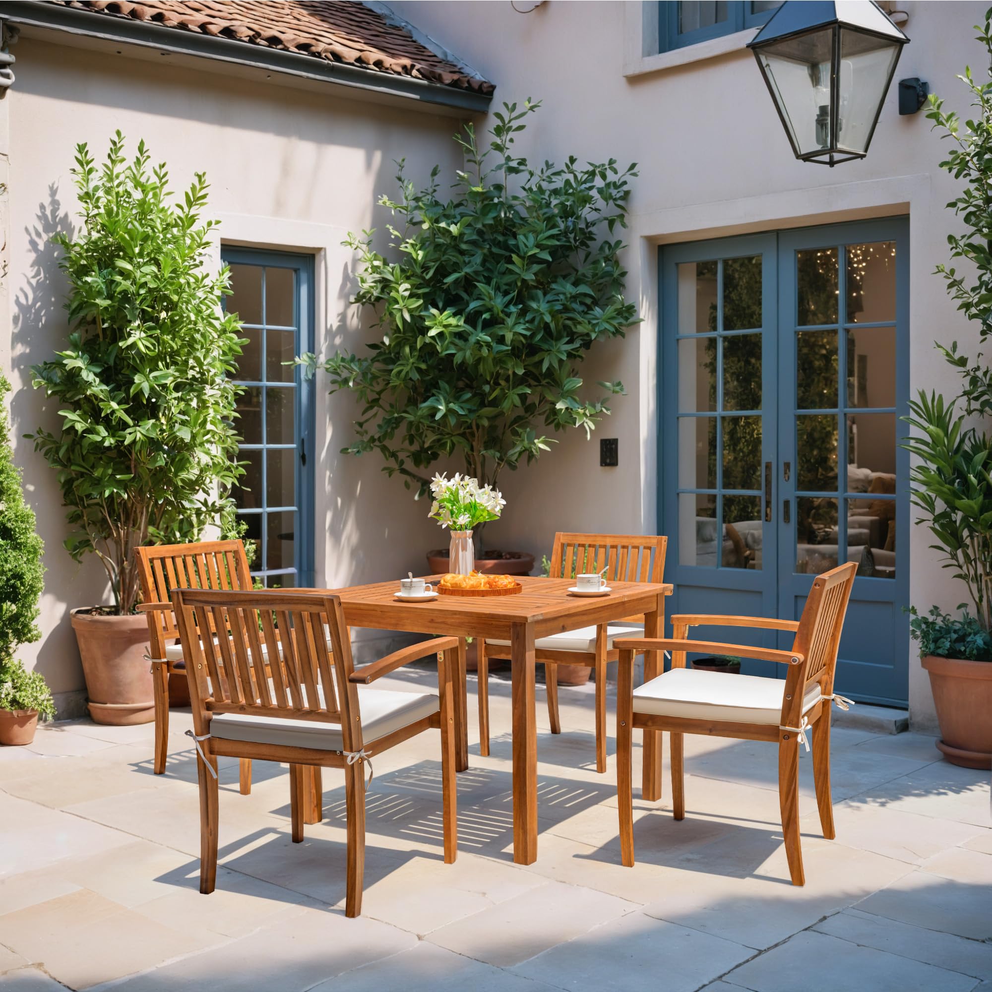 Premium 5-Piece Acacia Wood Outdoor Dining Set with Soft Cushions - Patio Table and Chairs for Deck, Backyard, Garden - Perfect for Al Fresco Dining, BBQs, and Outdoor Entertaining
