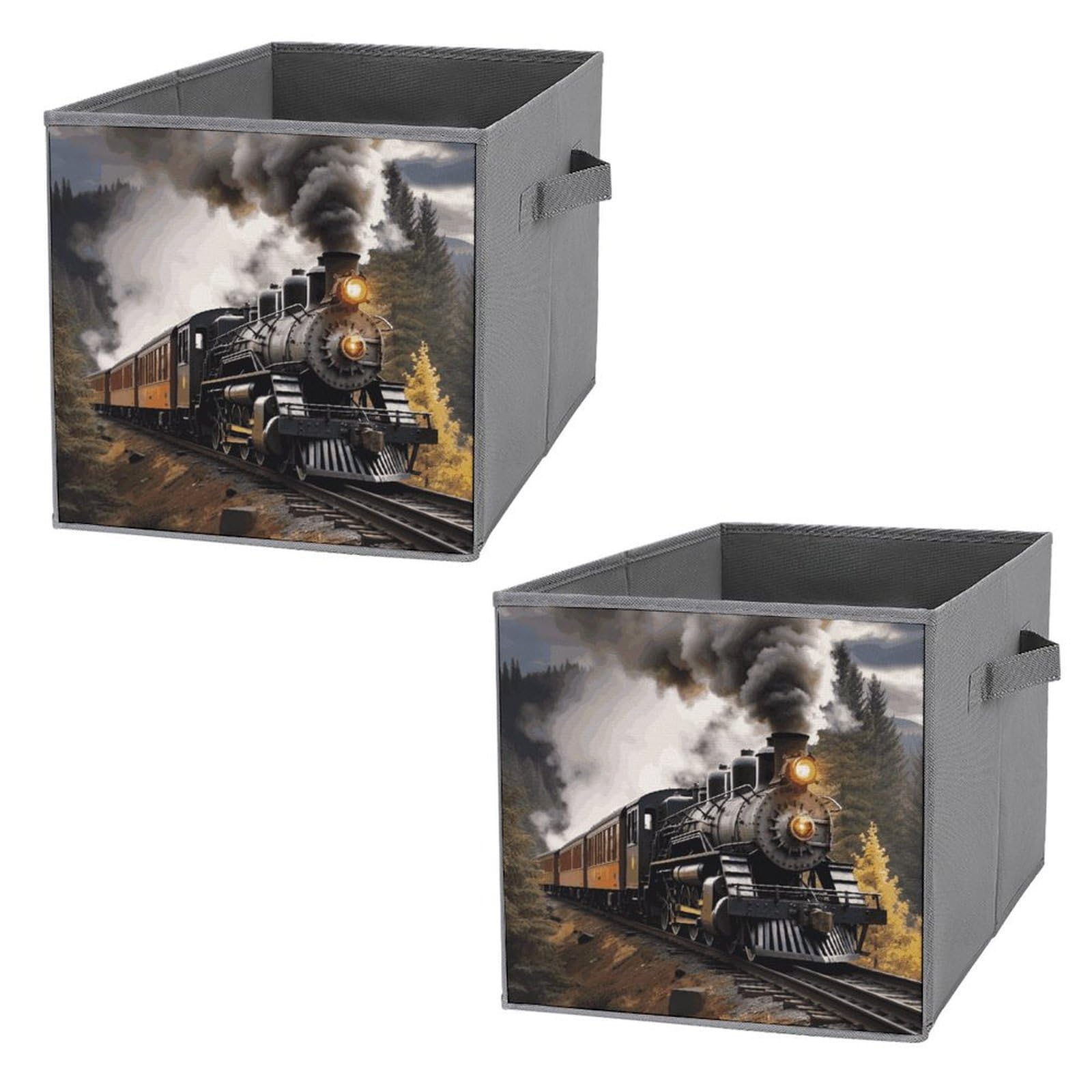 2-Pack Collapsible Storage Bins with Handles - Steam Train Printed Foldable Organizing Baskets for Shelves, Closet & Home Organization | Perfect for Kids' Toys, Books & Household Items Storage