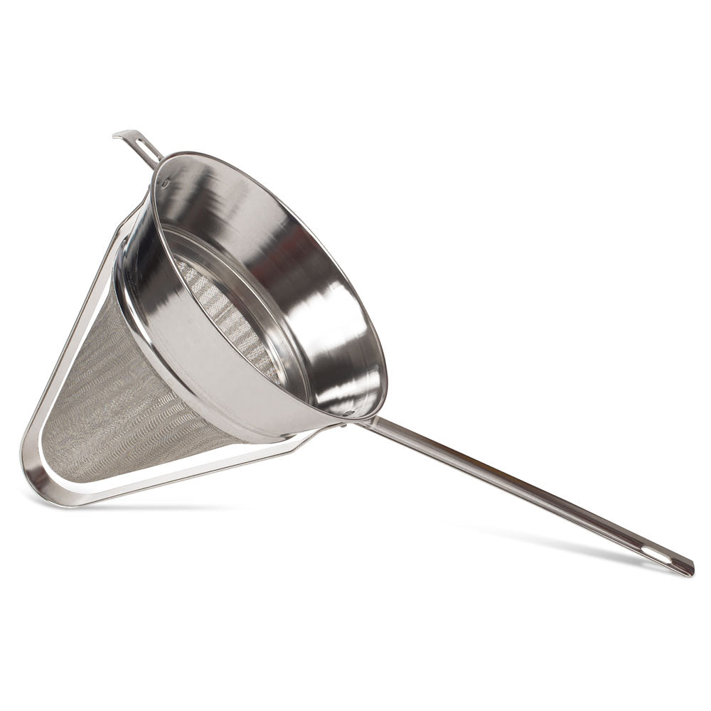 Premium Stainless Steel Chinois Reinforced Fine Mesh Strainer - Perfect for Straining Stocks, Sauces, and Purees in Professional Kitchens & Home Cooking