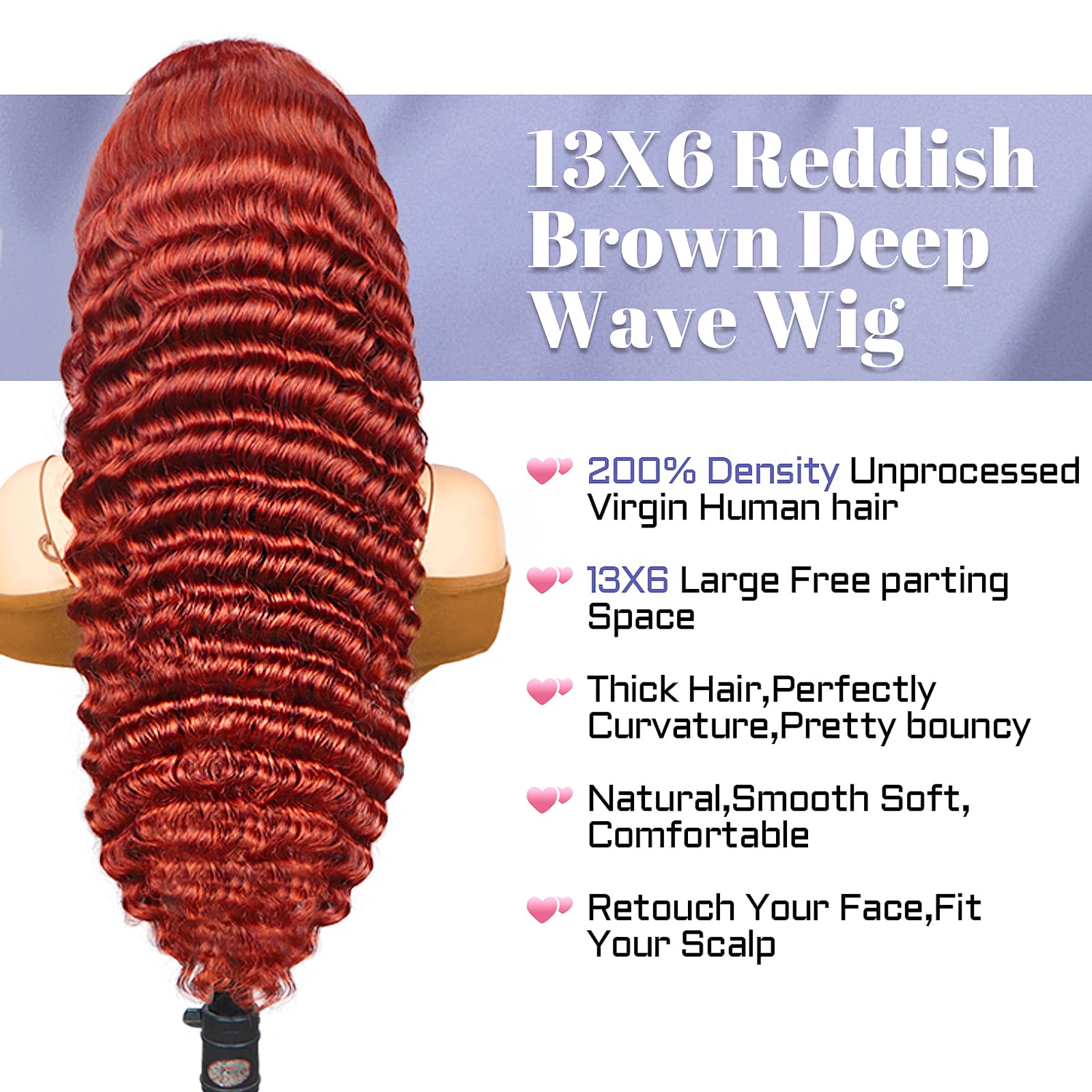Sathen 13x6 Reddish Brown Lace Front Wigs Human Hair - 200% Density Deep Wave Human Hair Wig for Women, 24 Inch, Pre-Plucked with HD Lace - Perfect for Daily Wear, Cosplay, and Special Occasions