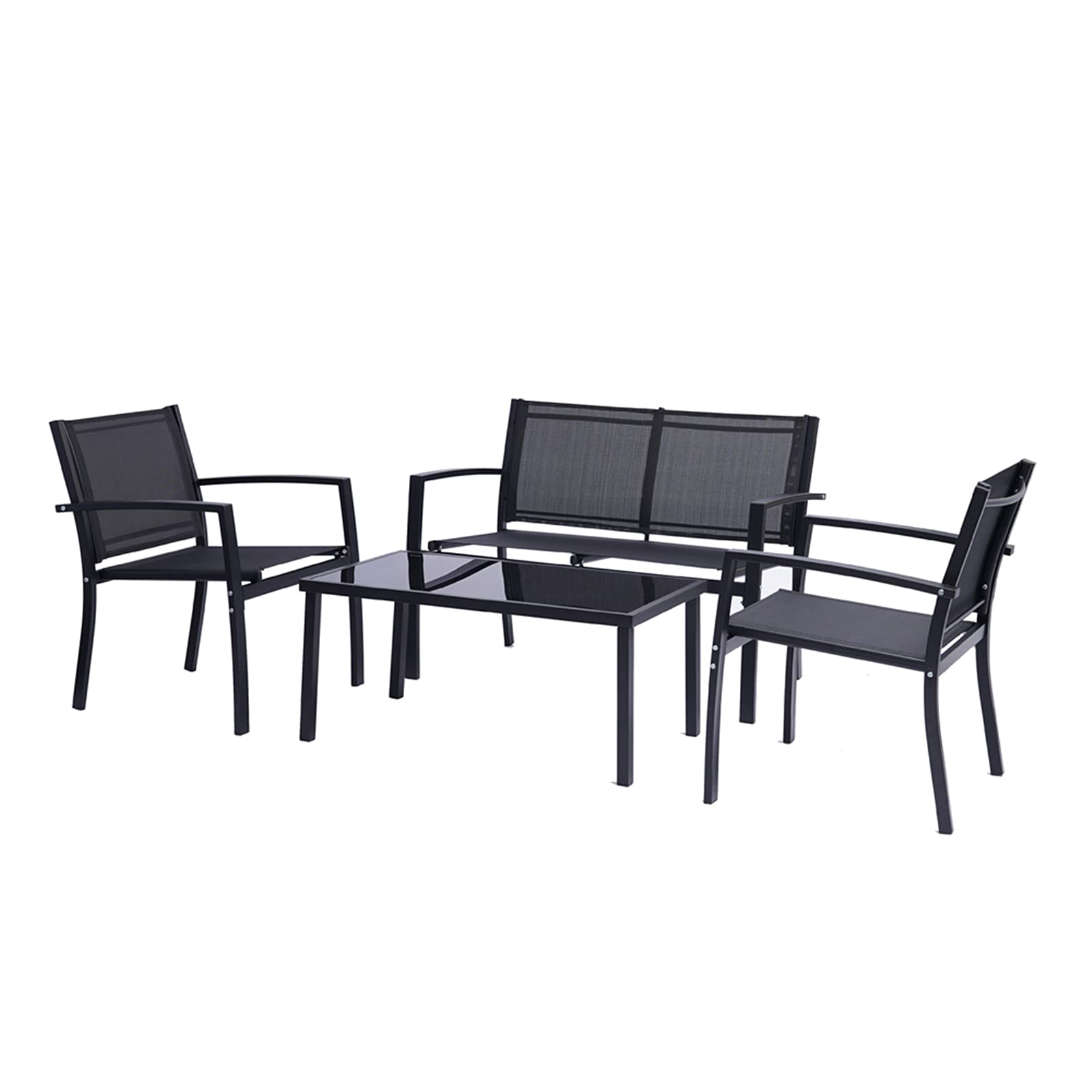 4-Piece Outdoor Patio Furniture Set - Black Garden Conversation Set with Glass Coffee Table for Poolside, Lawn, Porch & Backyard Relaxation