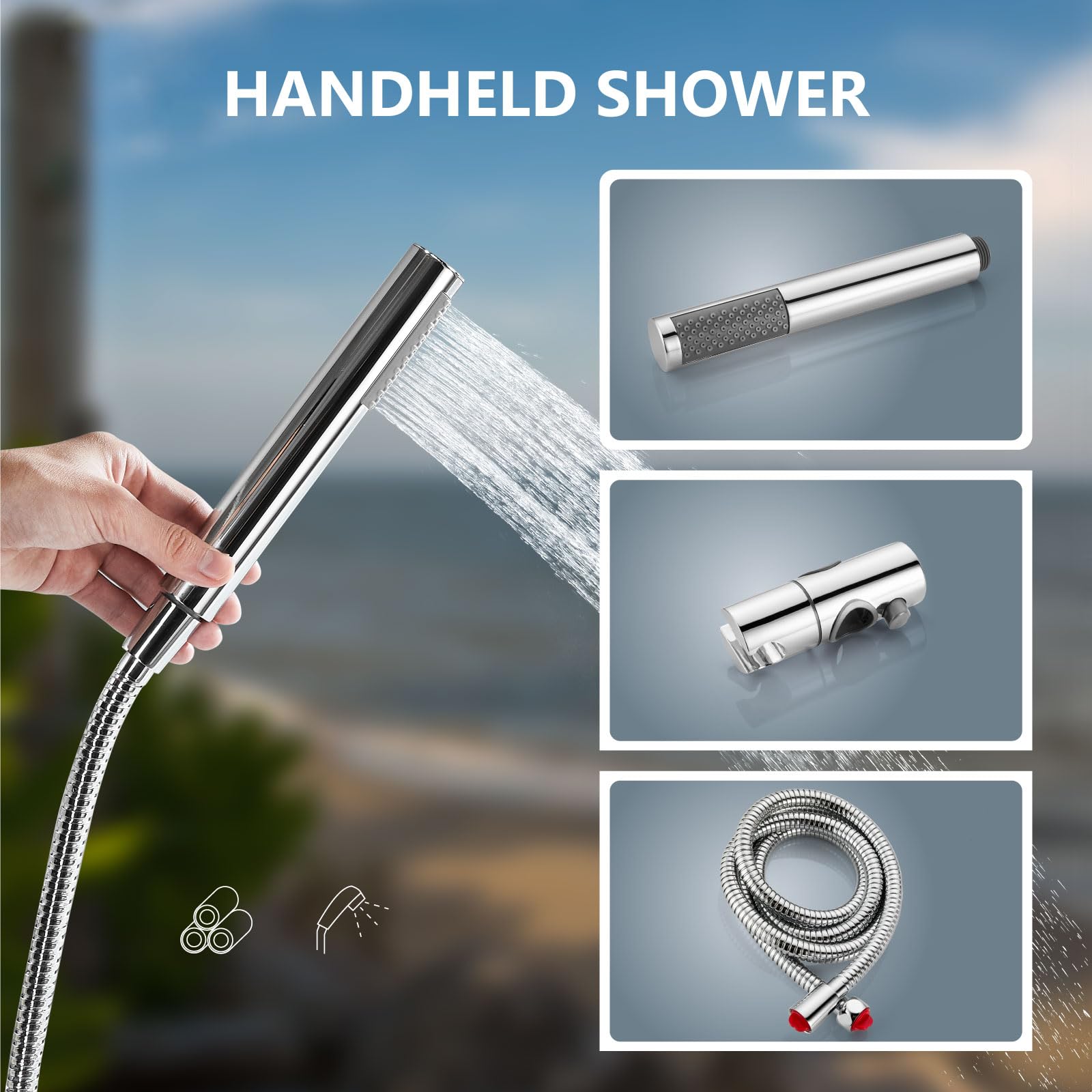 **Aolemi Outdoor Shower Kit - 2 Handle Faucet System with 8 Inch Rainfall Shower Head & Handheld Sprayer - Adjustable Height Polish Chrome Pipe - Perfect for Poolside, Beach, Camping & Garden Use**