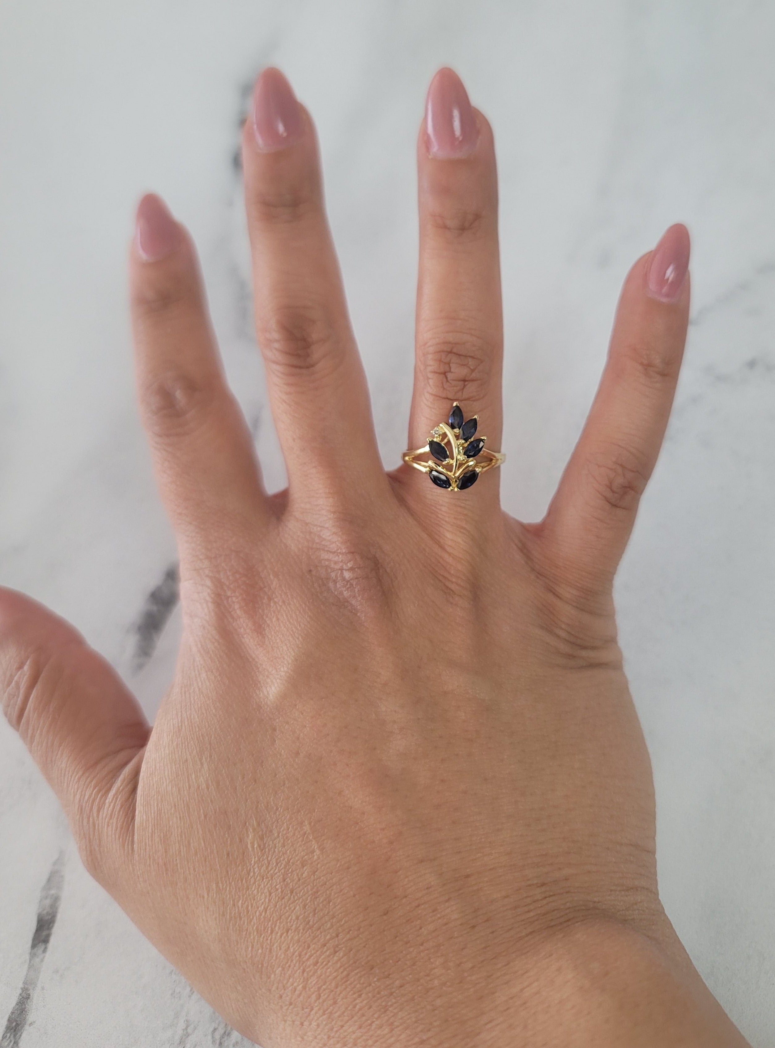 14K Yellow Gold Marquise Sapphire Floral Cluster Ring for Women – Elegant Jewelry Gift for Wedding, Anniversary & Special Occasions