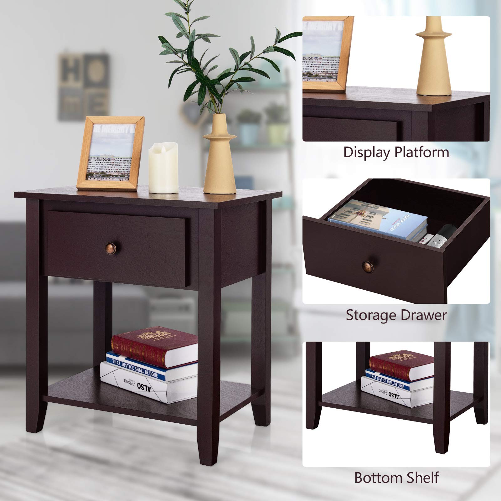 Modern Nightstand with Drawers & Shelf - Solid Pine Wood Bedside Table for Bedroom & Living Room - Espresso Finish