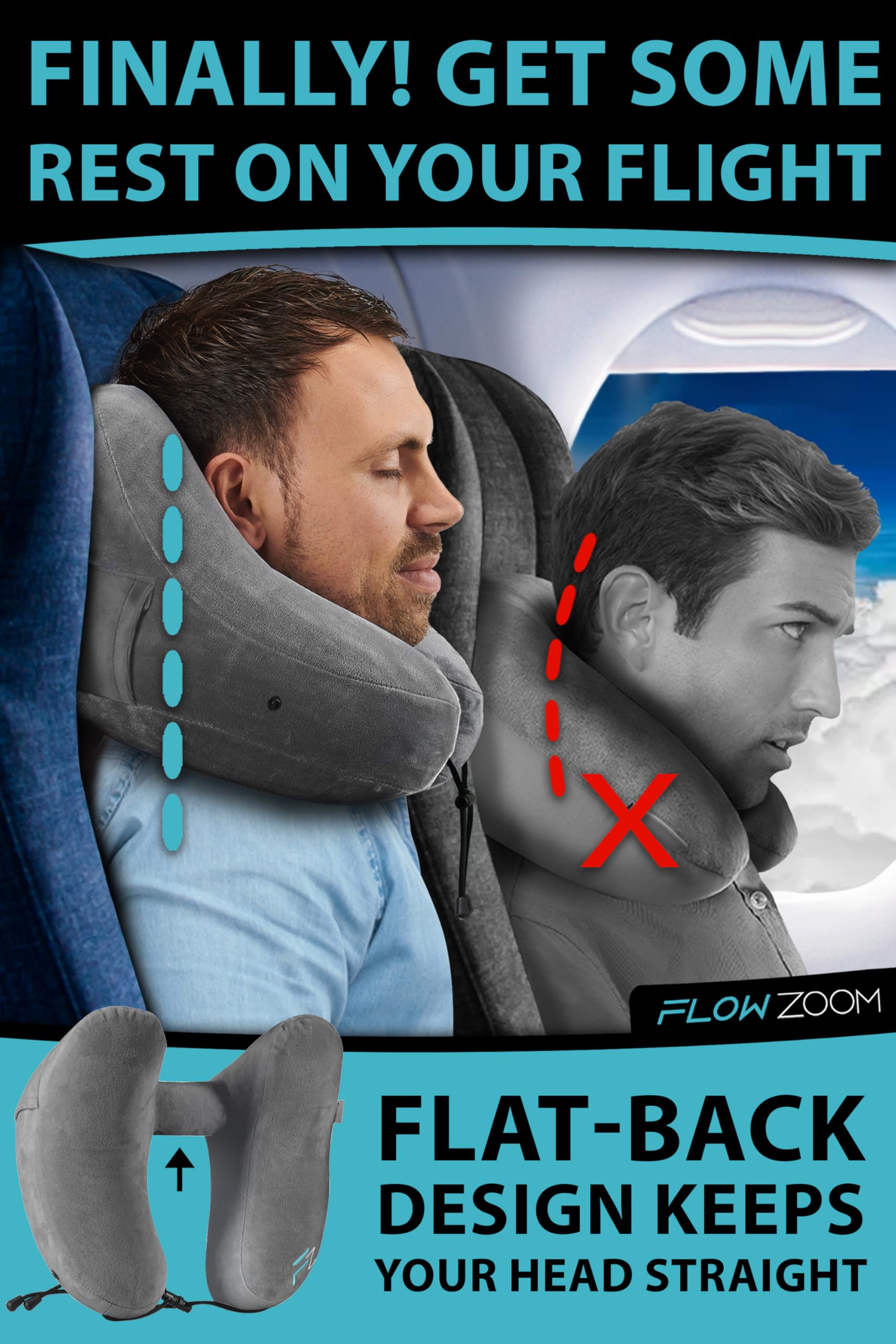 FLOWZOOM AIR Inflatable Travel Pillow for Airplane - Hooded Neck Pillow with Adjustable Support - Compact & Comfortable Flight Pillow for Long Trips - Perfect for Air Travel, Road Trips & Camping - Grey