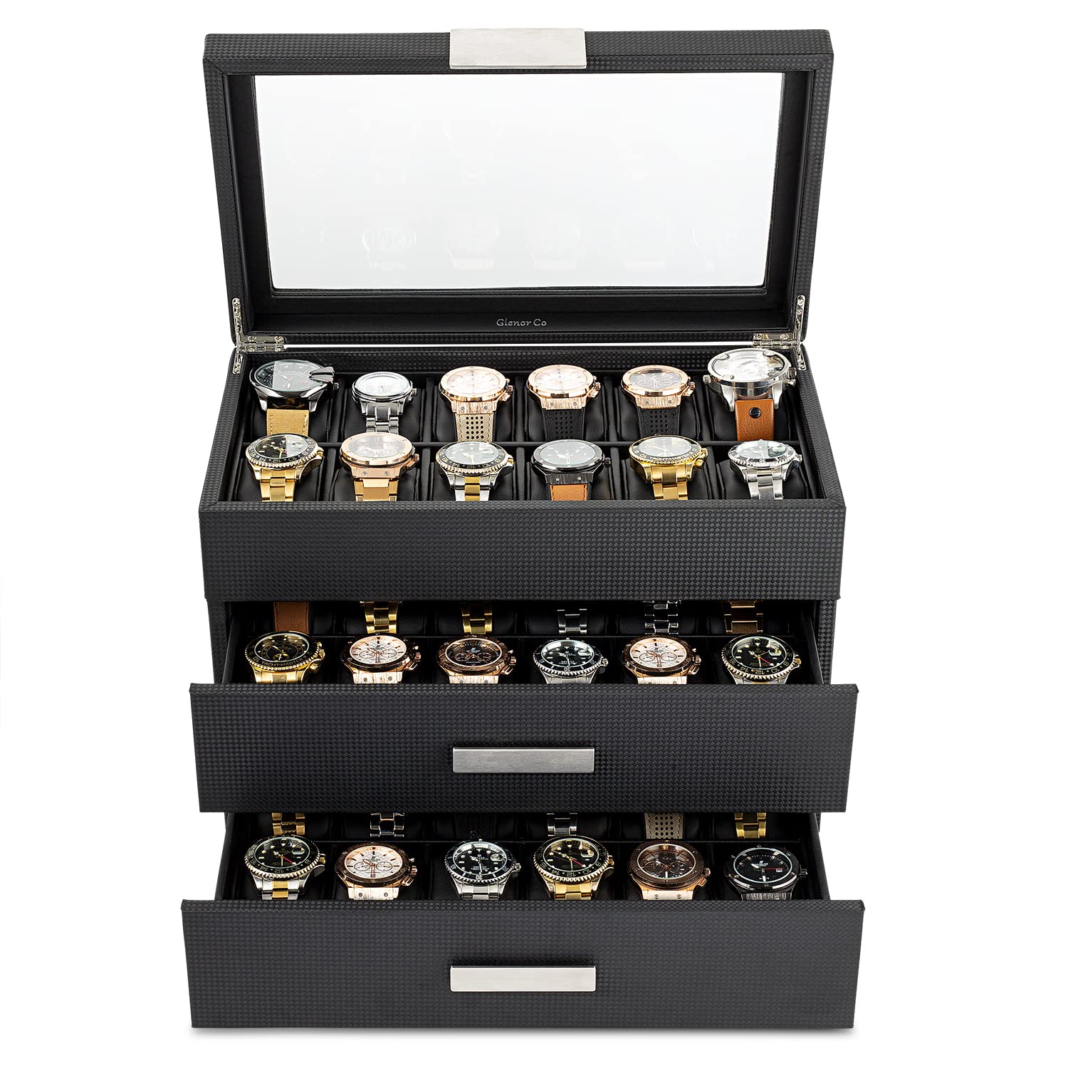 36-Slot Luxury Carbon Fiber Watch Box for Men with Large Glass Lid - Elegant Watch Display Case with Metal Accents & Sturdy Hinges - Perfect Watch Organizer for Dress Watches, Sports Watches & Collector's Timepieces - Ideal for Home Display, Office Decor & Gift Giving