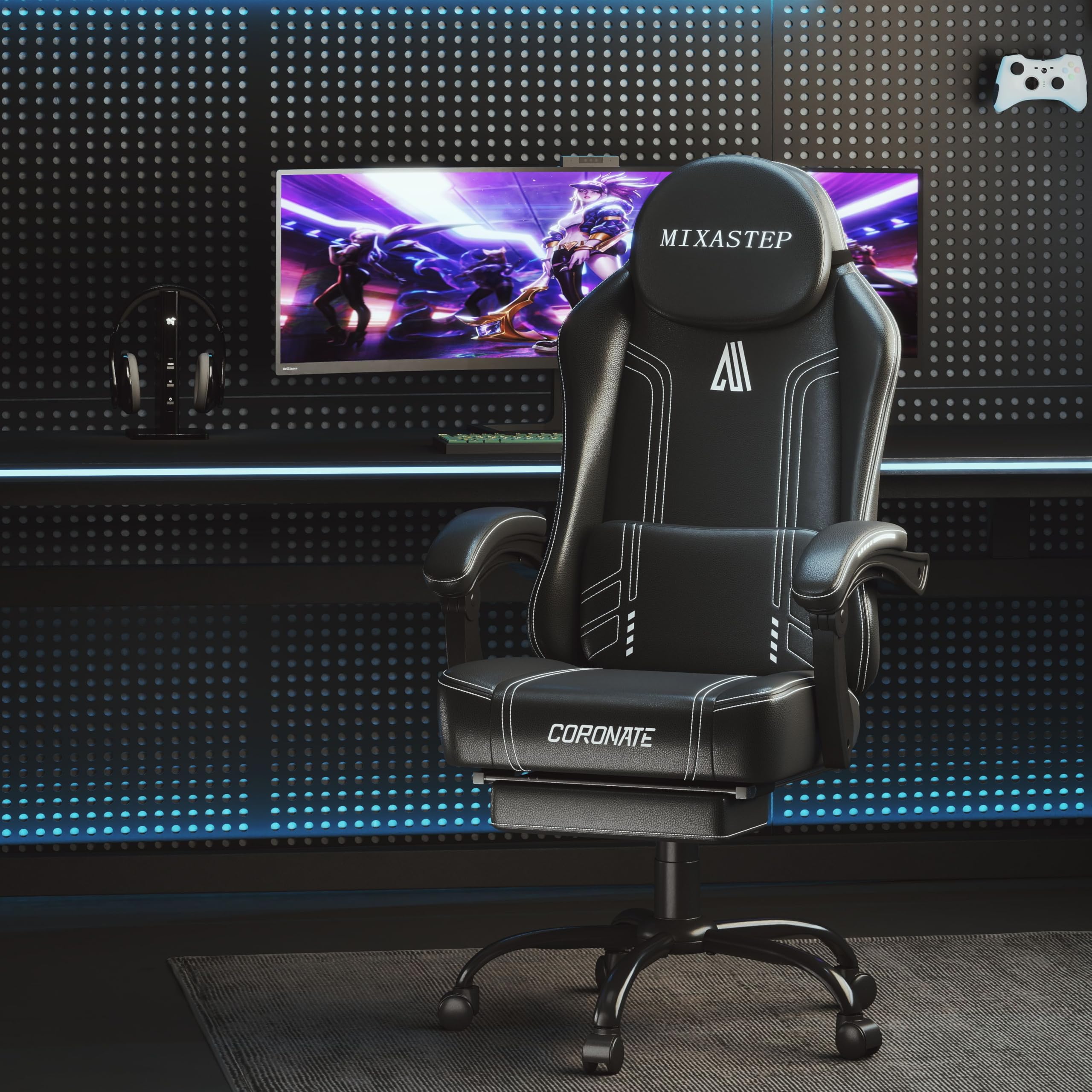 Ergonomic Gaming Chair for Adults with Footrest & Lumbar Support - Large Reclining Swivel Office Chair for PC/Computer Gaming (135KG Weight Capacity, White) - Perfect for Esports, Streaming & Home Office Workspace
