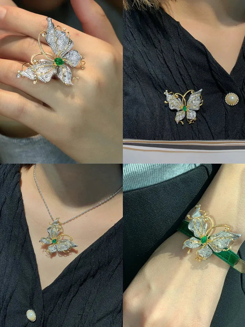 18K White & Yellow Gold Diamond & Natural Emerald Butterfly Pendant Necklace for Women - Luxury High Jewelry Gift for Anniversary, Birthday & Special Occasions