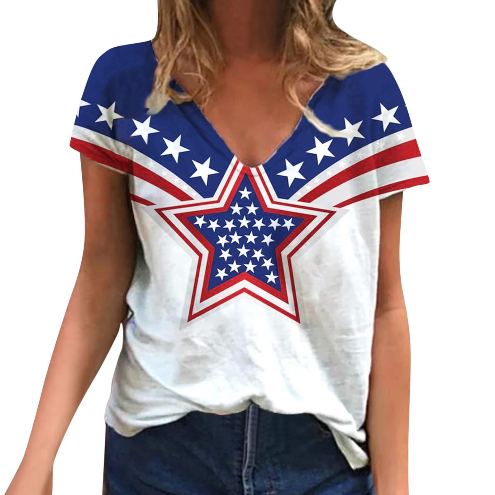 American Flag T-Shirt for Women - Patriotic 4th of July V-Neck Tee in Plus Sizes | Perfect for Independence Day Celebrations, BBQ Parties & Summer Outfits