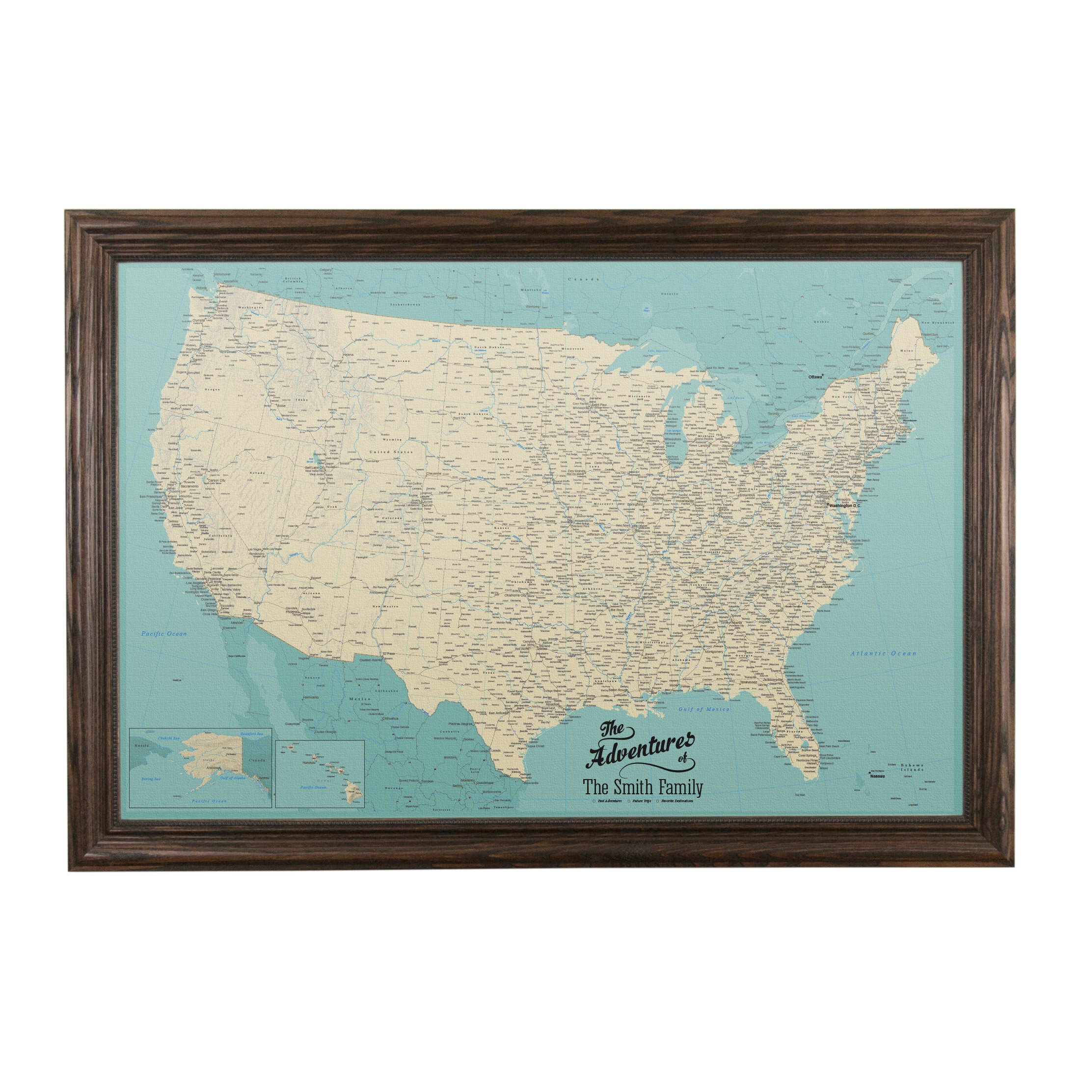 Personalized Teal Dream USA Push Pin Travel Map Canvas with Solid Wood Brown Frame - Perfect for Home Decor, Office Wall Art, and Travel Enthusiasts