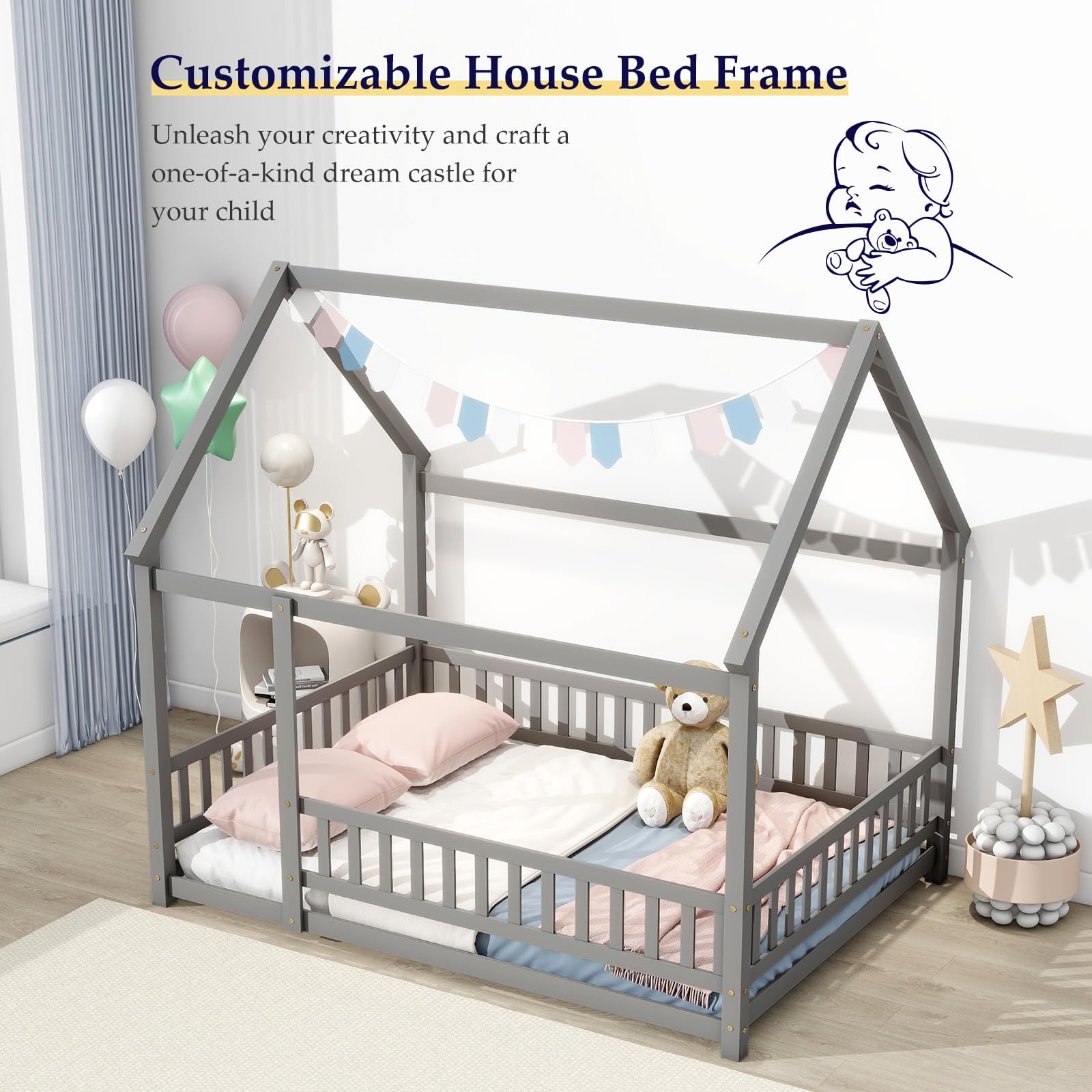 Montessori Floor Bed for Kids - Full Size Wooden House Bed with Safety Rails & Roof - Grey - Perfect for Girls & Boys Bedroom, Playroom or Montessori Classroom