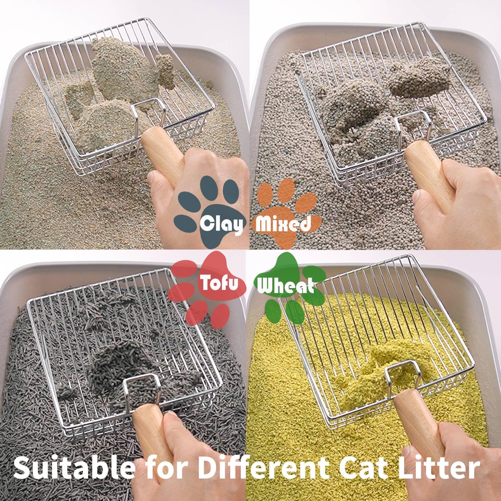 Premium Metal Cat Litter Scoop with Holder - Fast Sifting Poop Scooper with Ergonomic Wood Handle (0.3