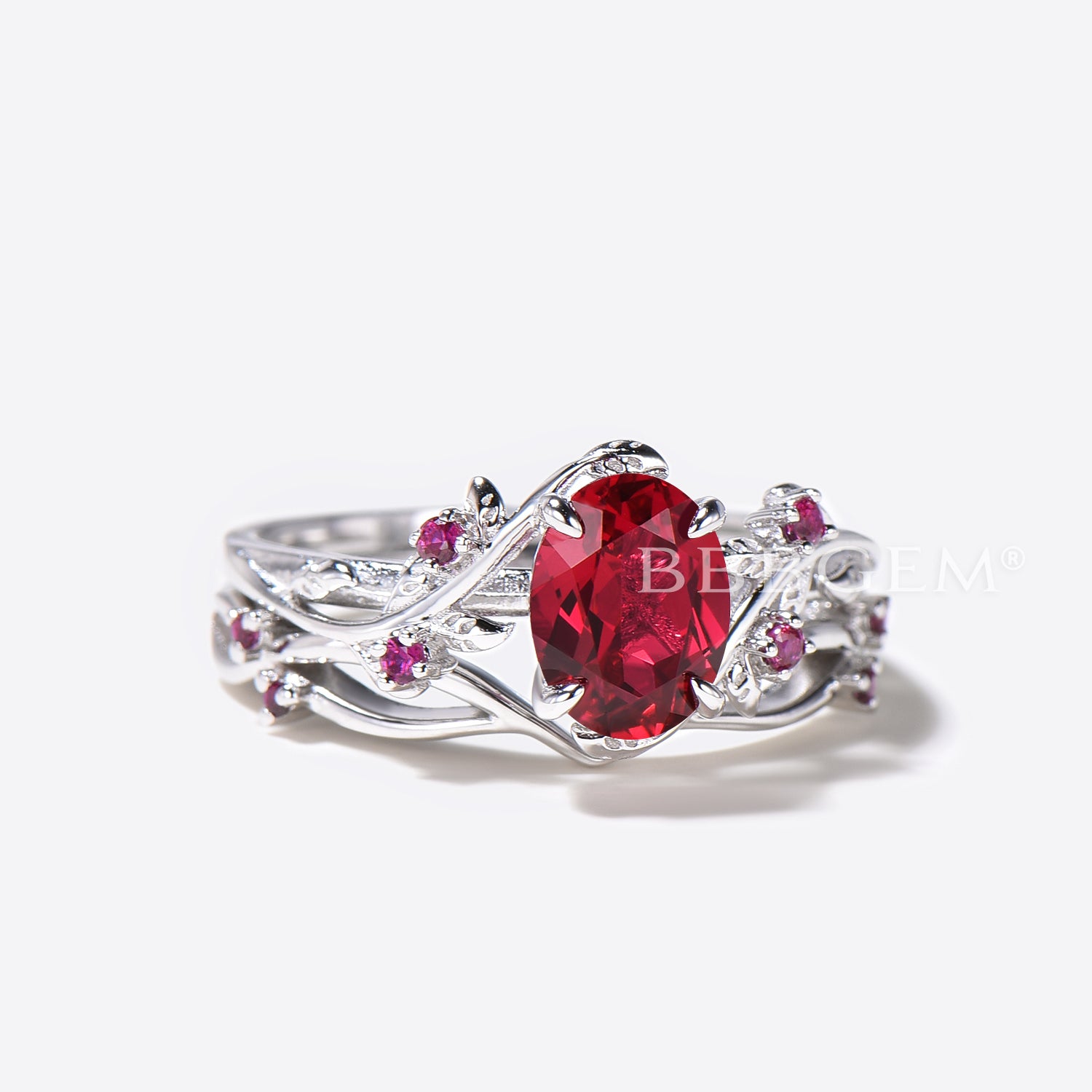 Natural Oval Red Ruby Engagement Ring & Leaf Wedding Band Set - Vintage Inspired Jewelry for Proposals, Anniversaries & Romantic Occasions