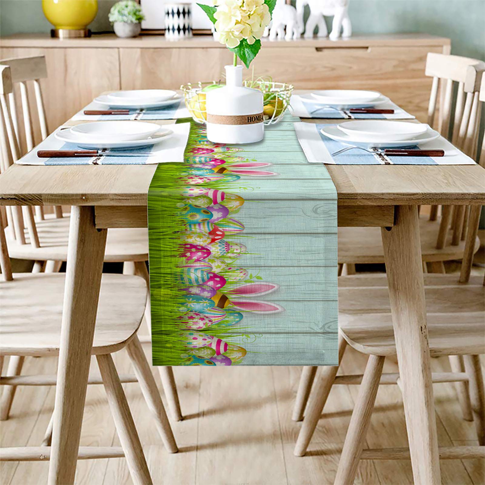 Easter Table Runner 36 Inches - Cotton Linen Decorative Tablecloth with Easter Eggs & Bunny Design for Spring Kitchen, Dining, Party, Wedding - Perfect for Holiday Decorations & Home Decor