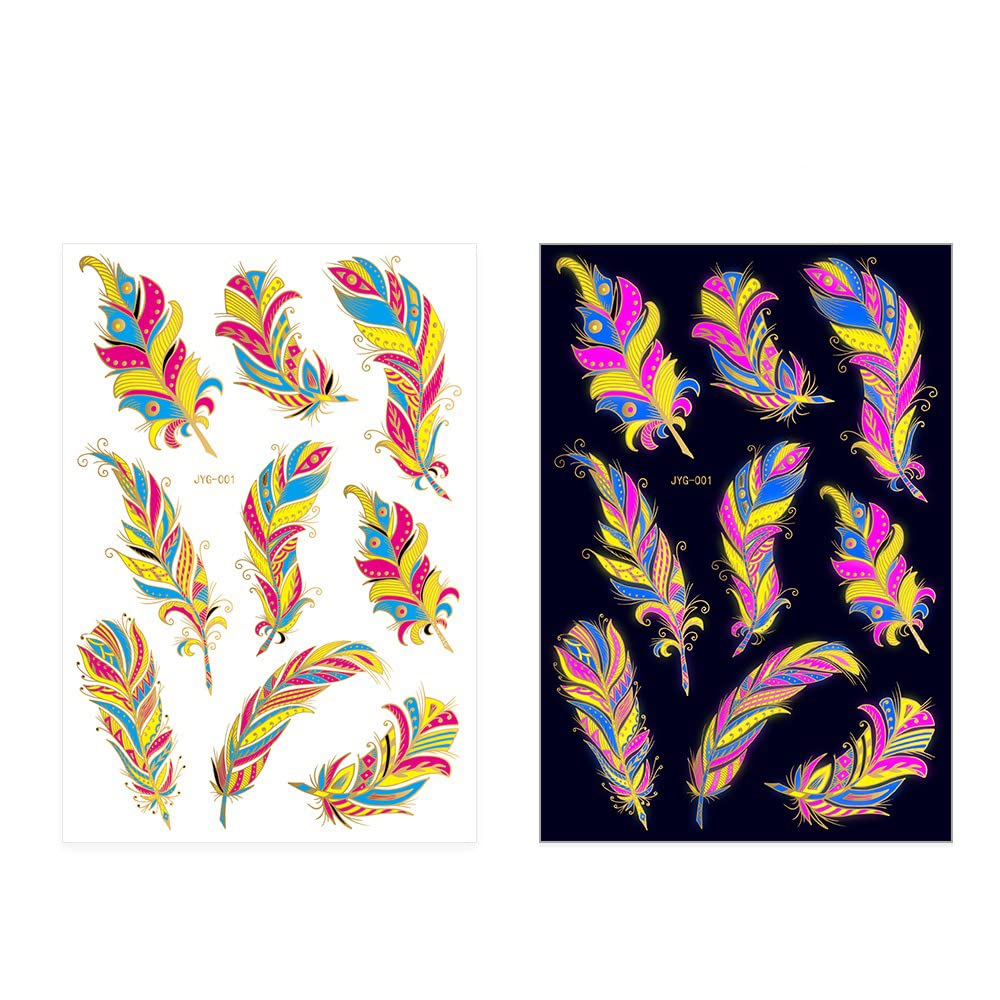 UV Glow Neon Temporary Tattoos - Waterproof Fake Body Art Stickers for Women & Men (21x15cm) | Colorful Feather Design for Parties, Festivals & Night Events