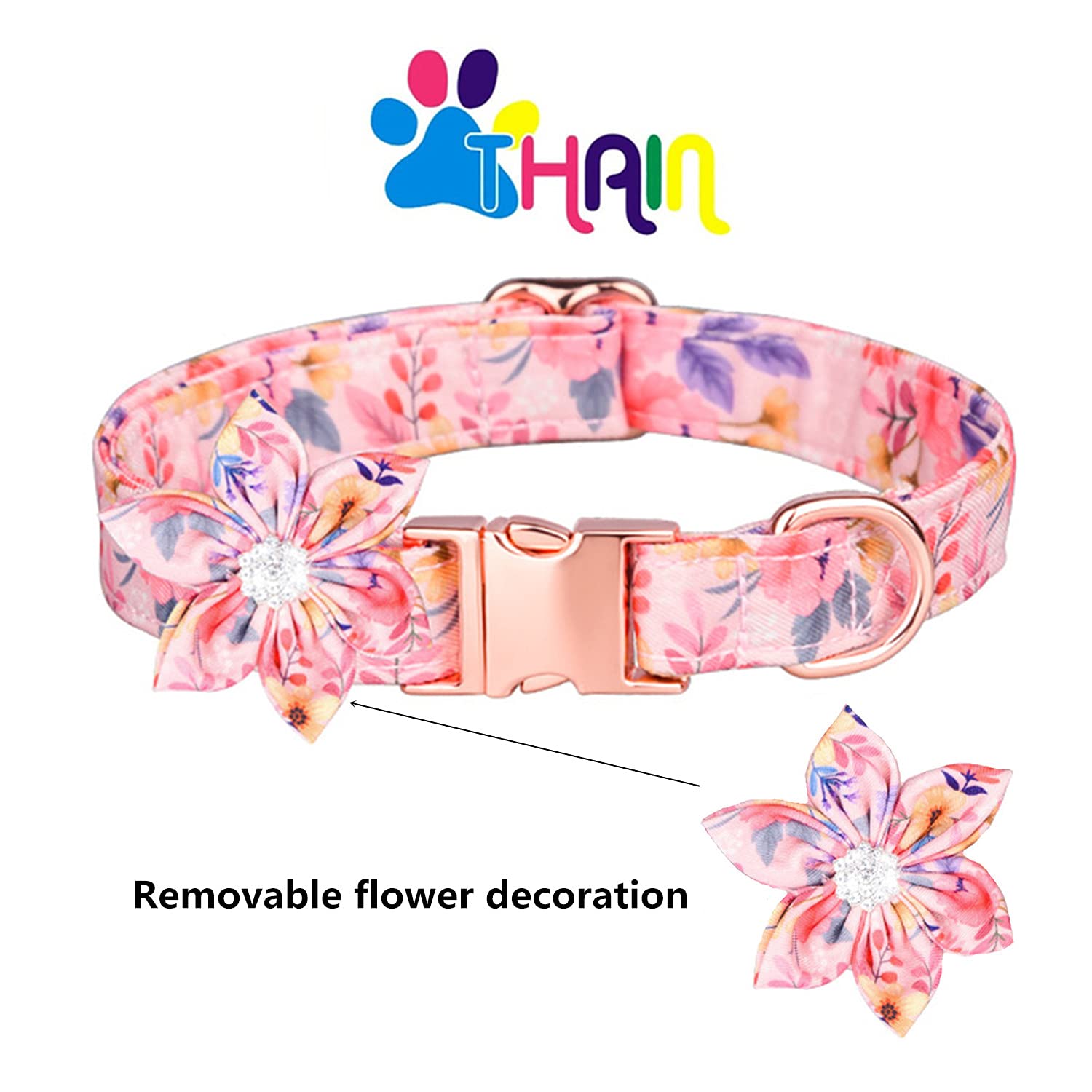 Custom Personalized Floral Dog Collar for Female Dogs - Engraved Name, Rose Gold Buckle, Adjustable (12.2-19.6
