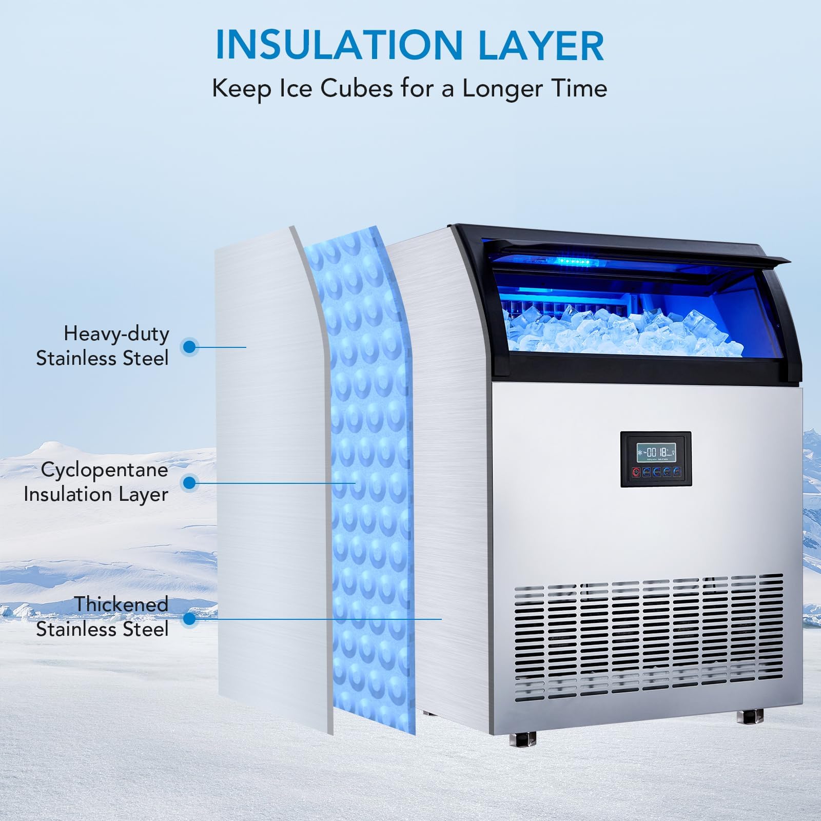 Commercial Ice Maker Machine 120Lbs/24H, 28Lbs Storage, Makes 45 Clear Ice Cubes in 11-20 Mins - Dual Water Inlet Modes with Ice Scoop & Drain Pipe - Perfect for Restaurants, Bars, Cafes & Home Use