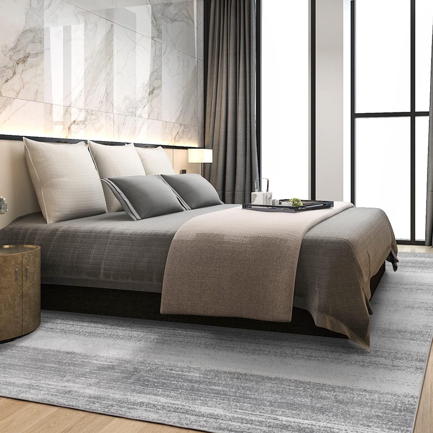 Modern Abstract 5x7 Area Rug - Machine Washable Neutral Grey Carpet for Living Room, Bedroom, Dining Room - Contemporary Home Decor for Cozy Spaces & Stylish Interiors