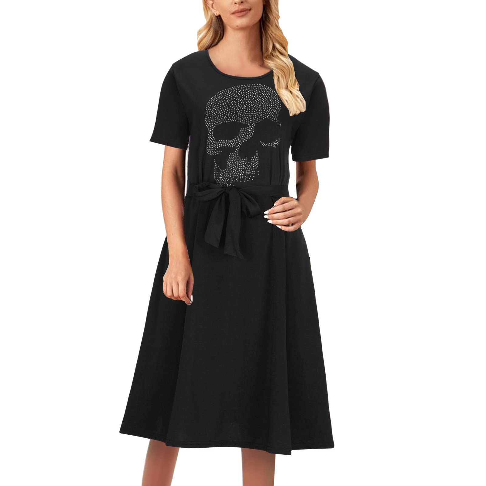 Women's Summer Casual Maxi Dress with Skull Print - Round Neck, Short Sleeve, Zipper Detail - Perfect for Beach, Vacation, and Casual Outings