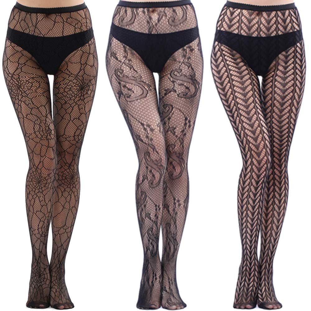Fairydreamy 3 Pairs Women's Sexy Fishnet High Waist Tights with Suspenders - Sheer Pantyhose Stockings for Lingerie, Cosplay & Night Out Outfits