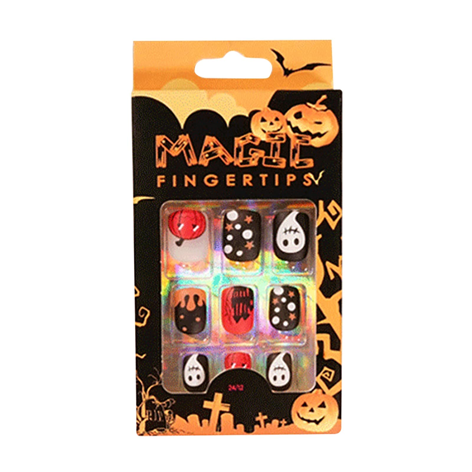 Rvikurc 24pcs Gothic Fake Nails with Glue - Halloween Artificial Coffin Nails (1ml Glue Included) - Perfect for Halloween Parties, Cosplay & Gothic Fashion